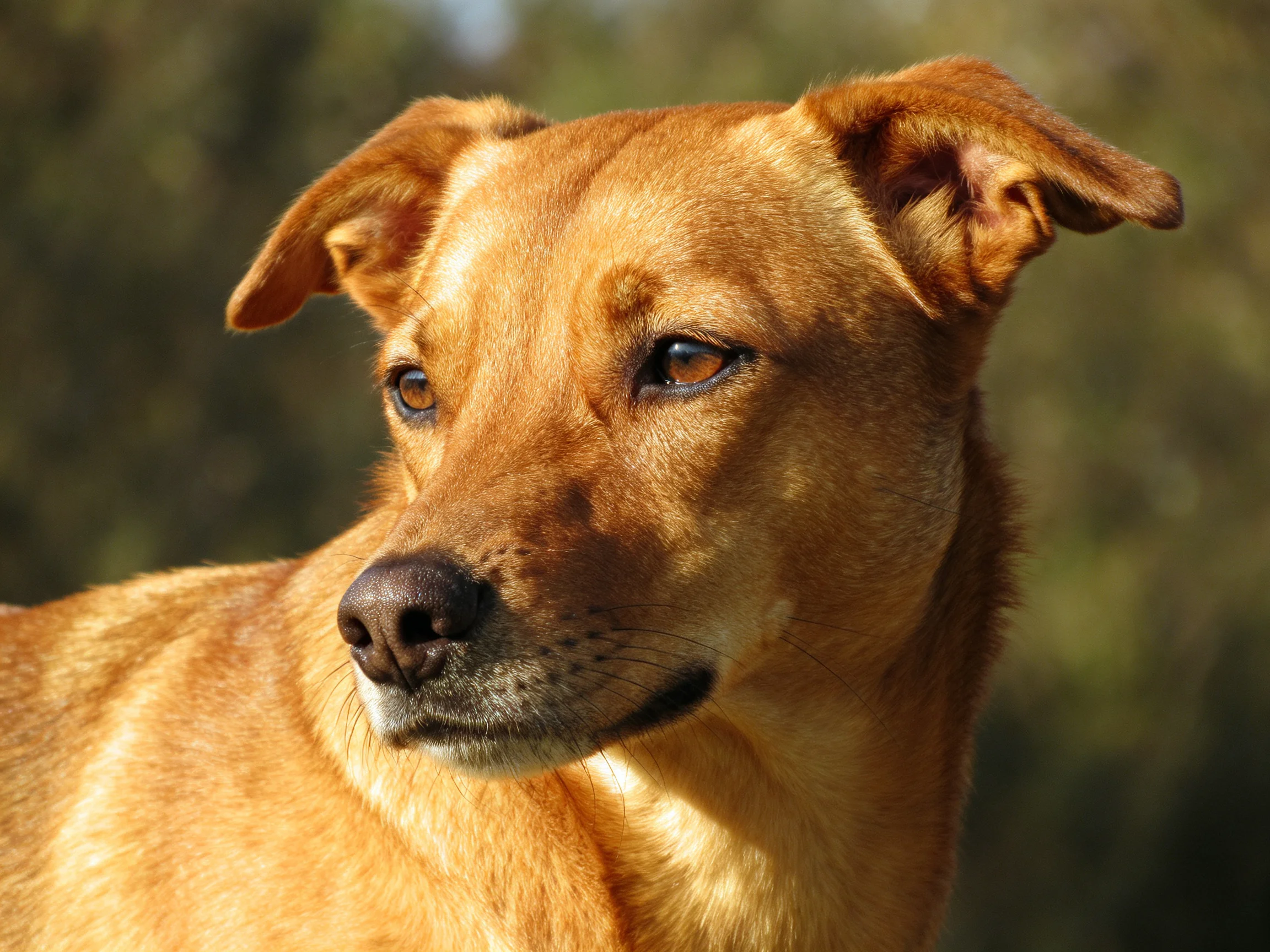 A golden-brown dog with alert ears gazes thoughtfully outdoors