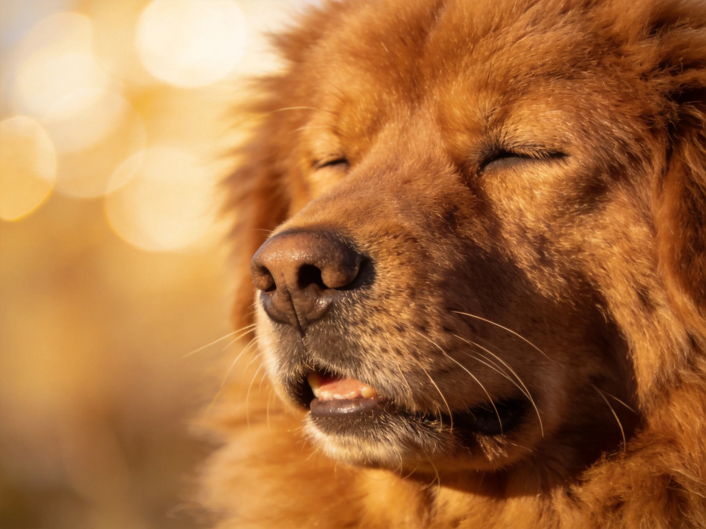 A golden-brown dog with closed eyes in warm, glowing bokeh lighting
