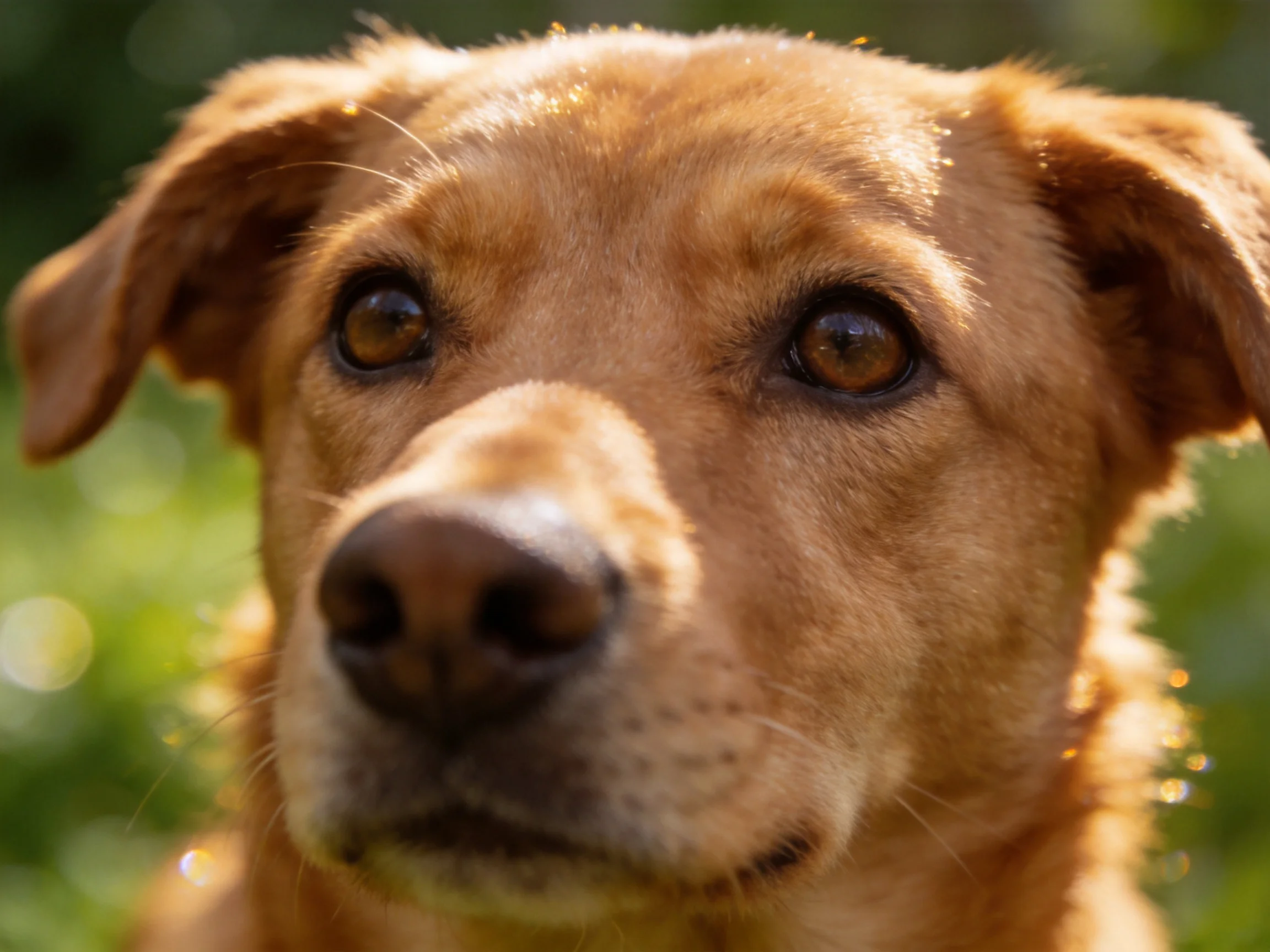 A golden-brown dog looks directly at the camera with bright eyes.