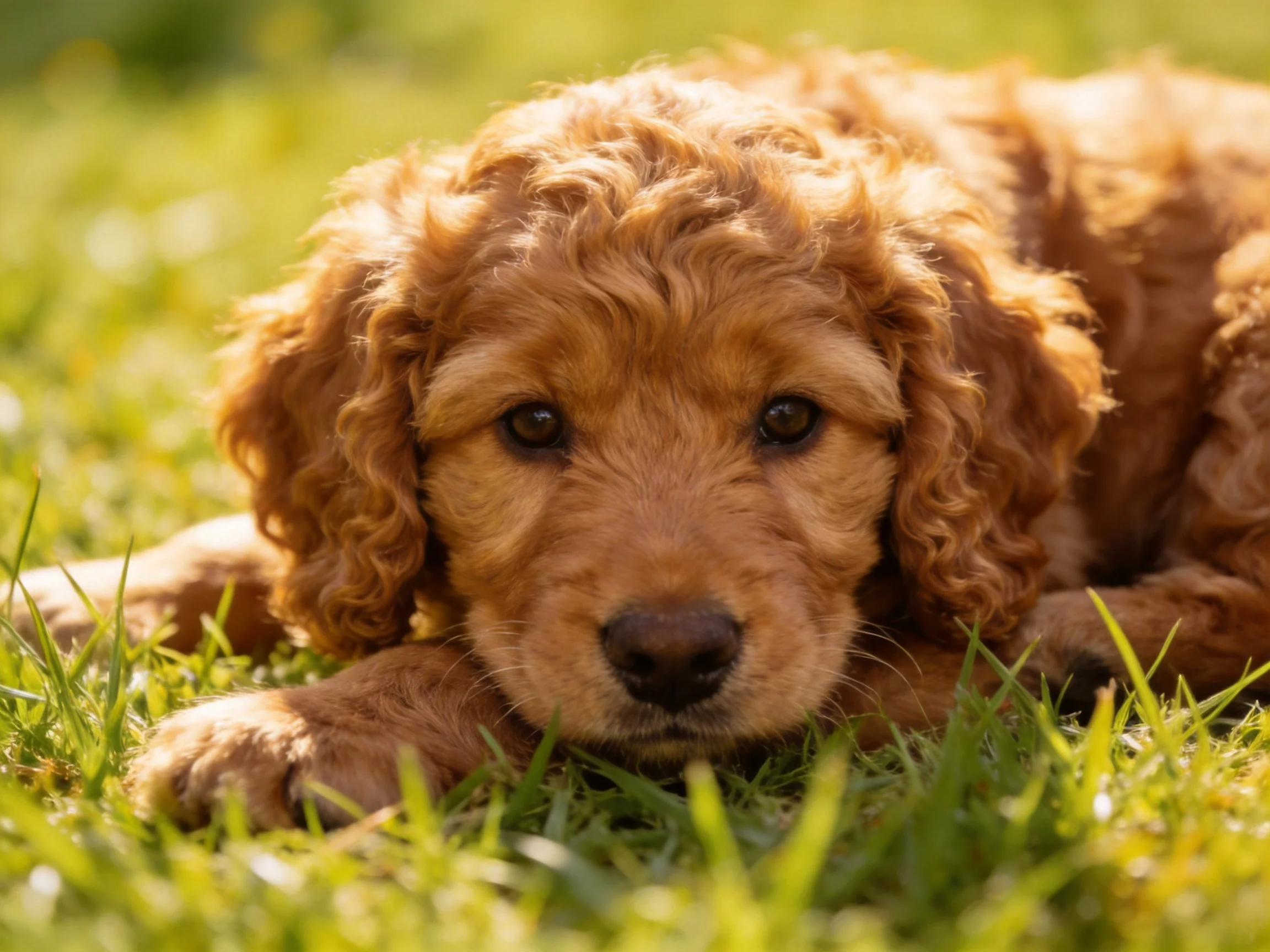 A golden-brown puppy rests on lush green grass in bright sunlight