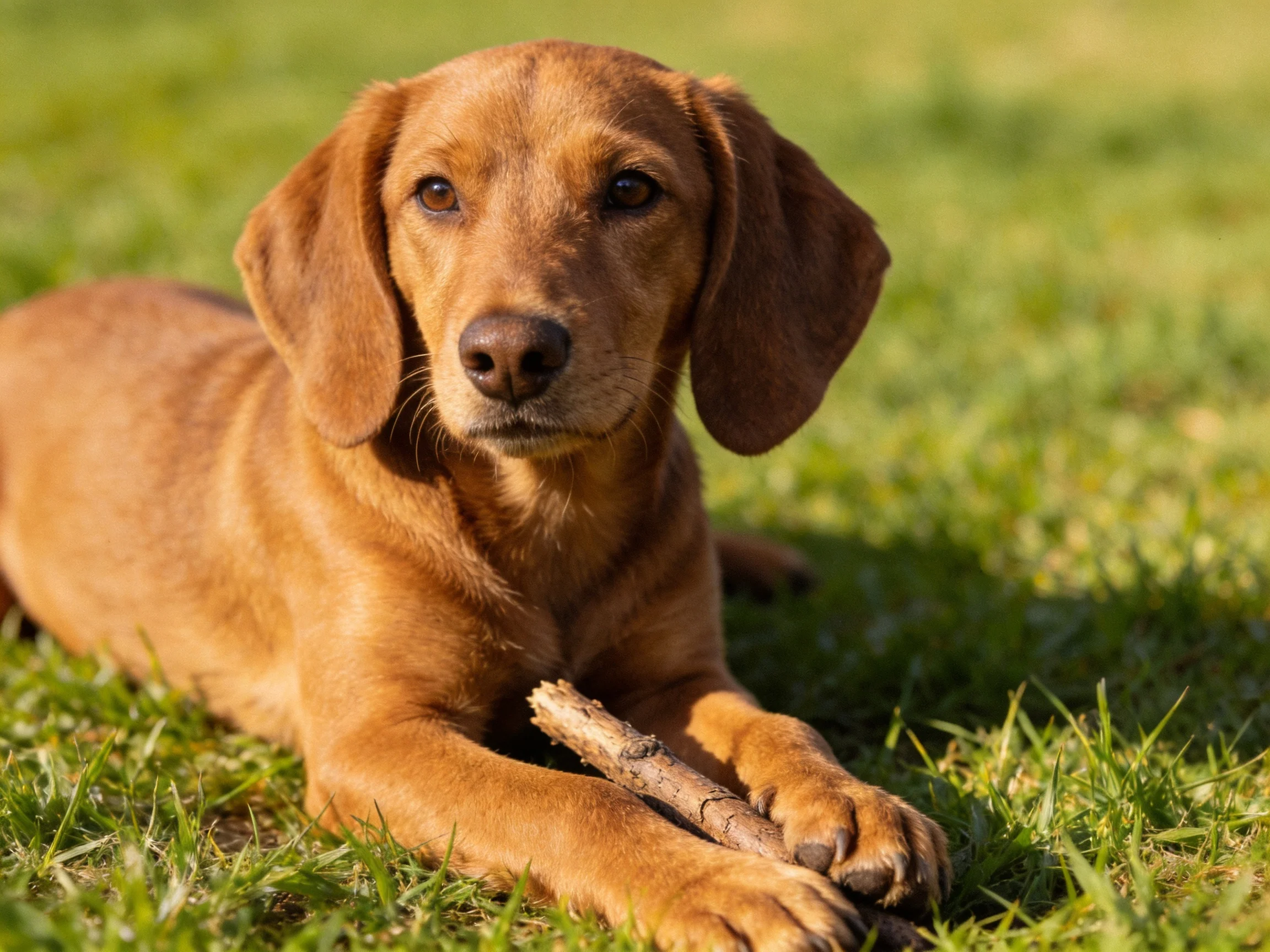 A golden-brown puppy rests on lush green grass with a wooden stick