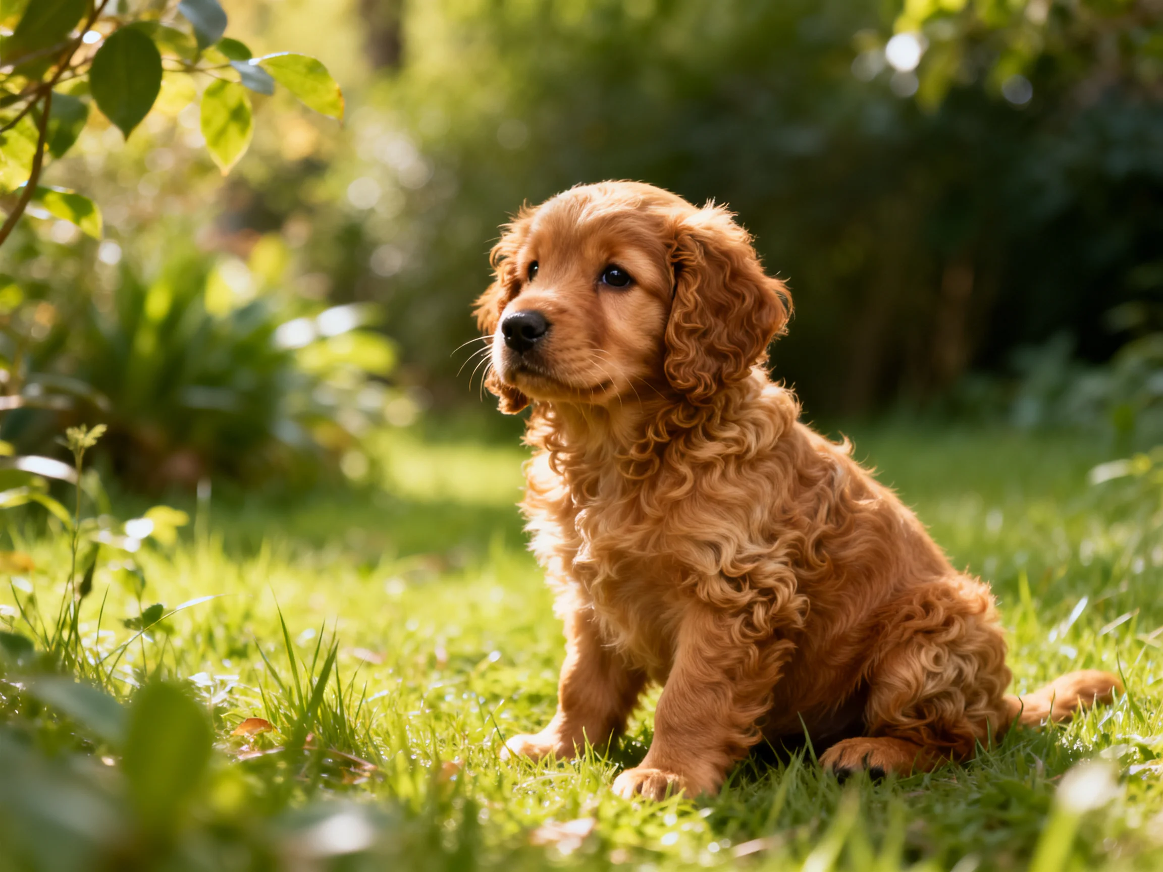A golden-brown puppy sits on grass in a sunlit garden.