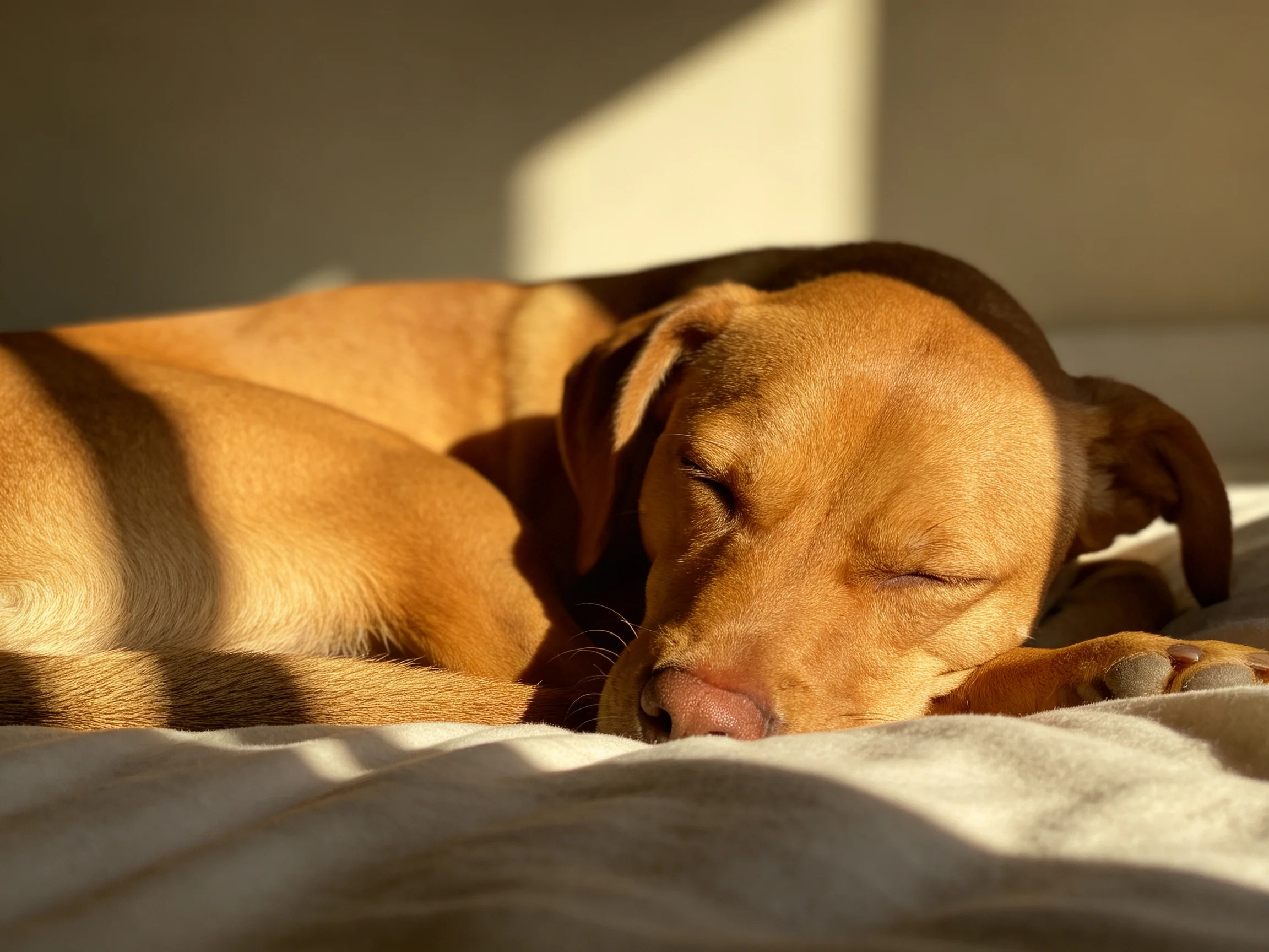 A golden-brown puppy rests on a white blanket illuminated by sunlight.