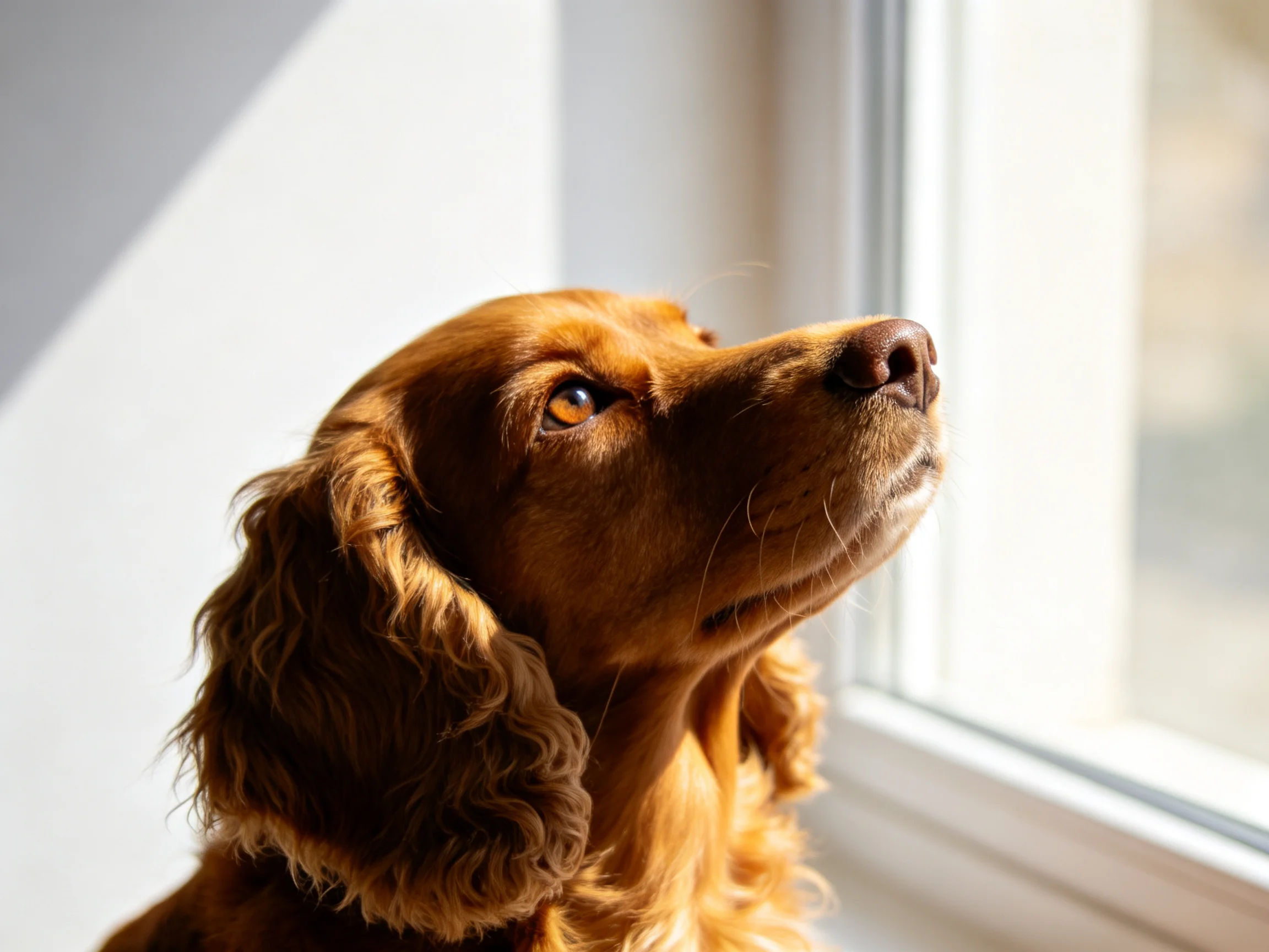 A golden-brown spaniel gazes toward a sunlit window