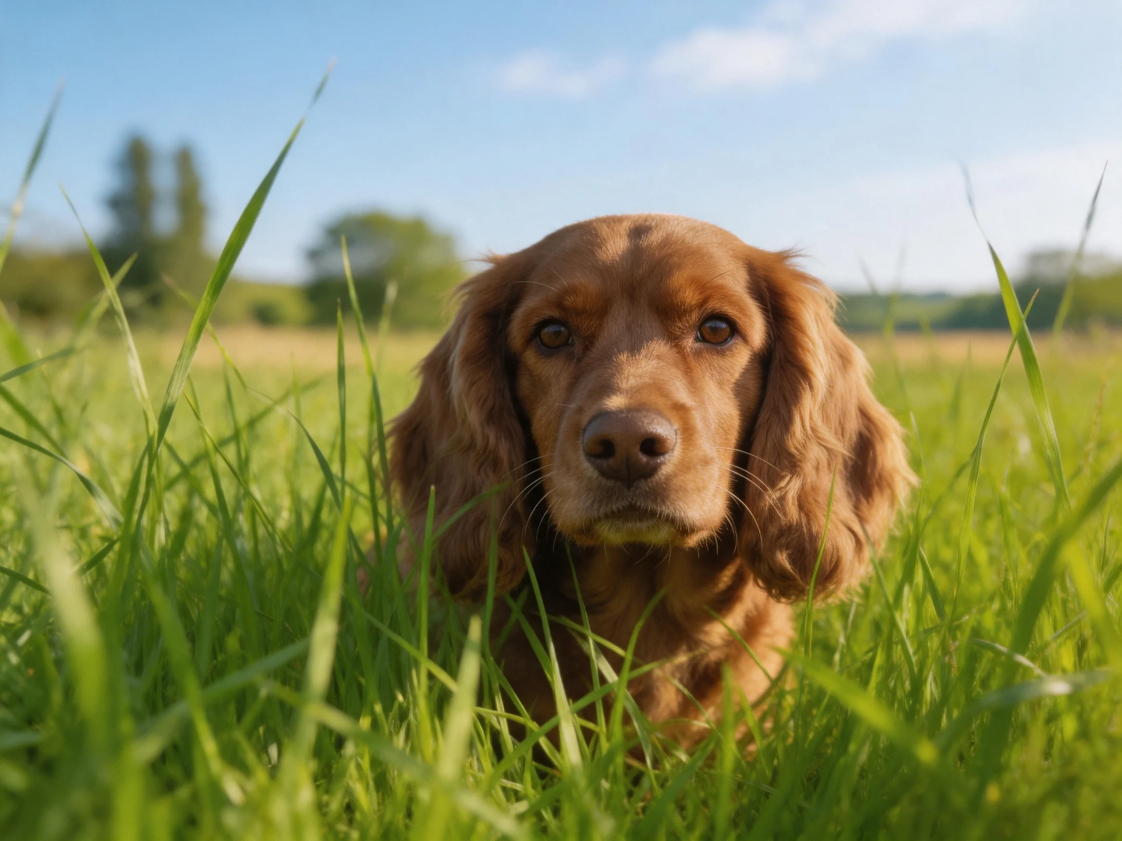 A golden-brown spaniel sits calmly among tall green grass in a sunlit meadow.