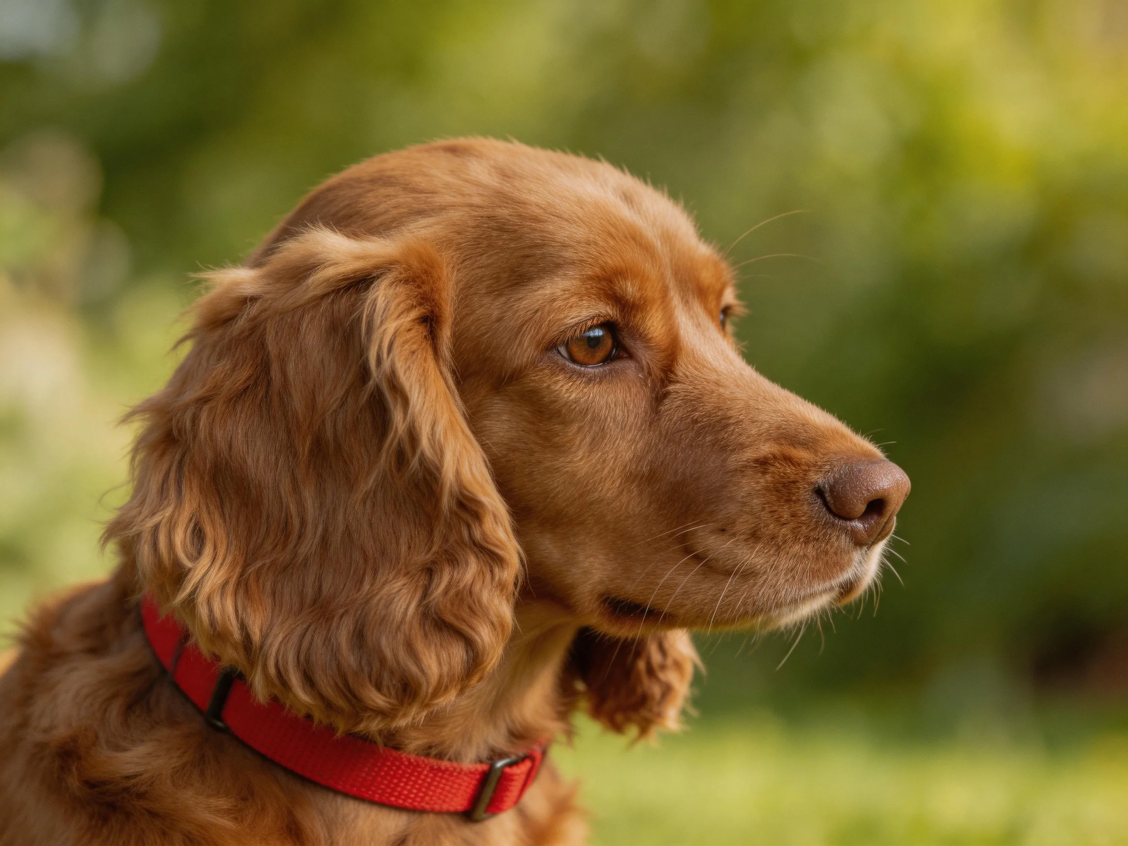 A golden-brown spaniel wearing a bright red collar outdoors