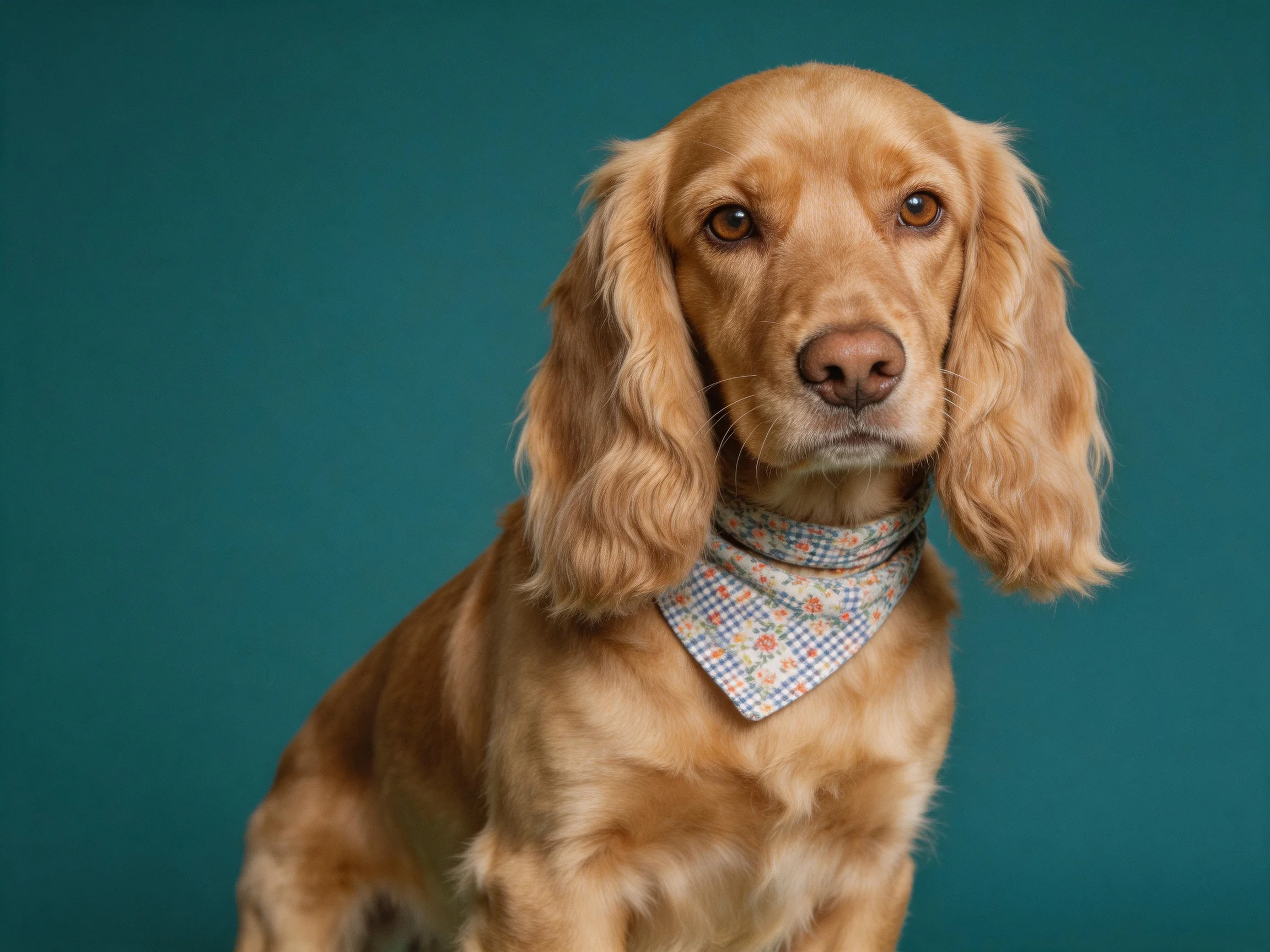 A golden-coated Cocker Spaniel with a floral bandana on a teal backdrop