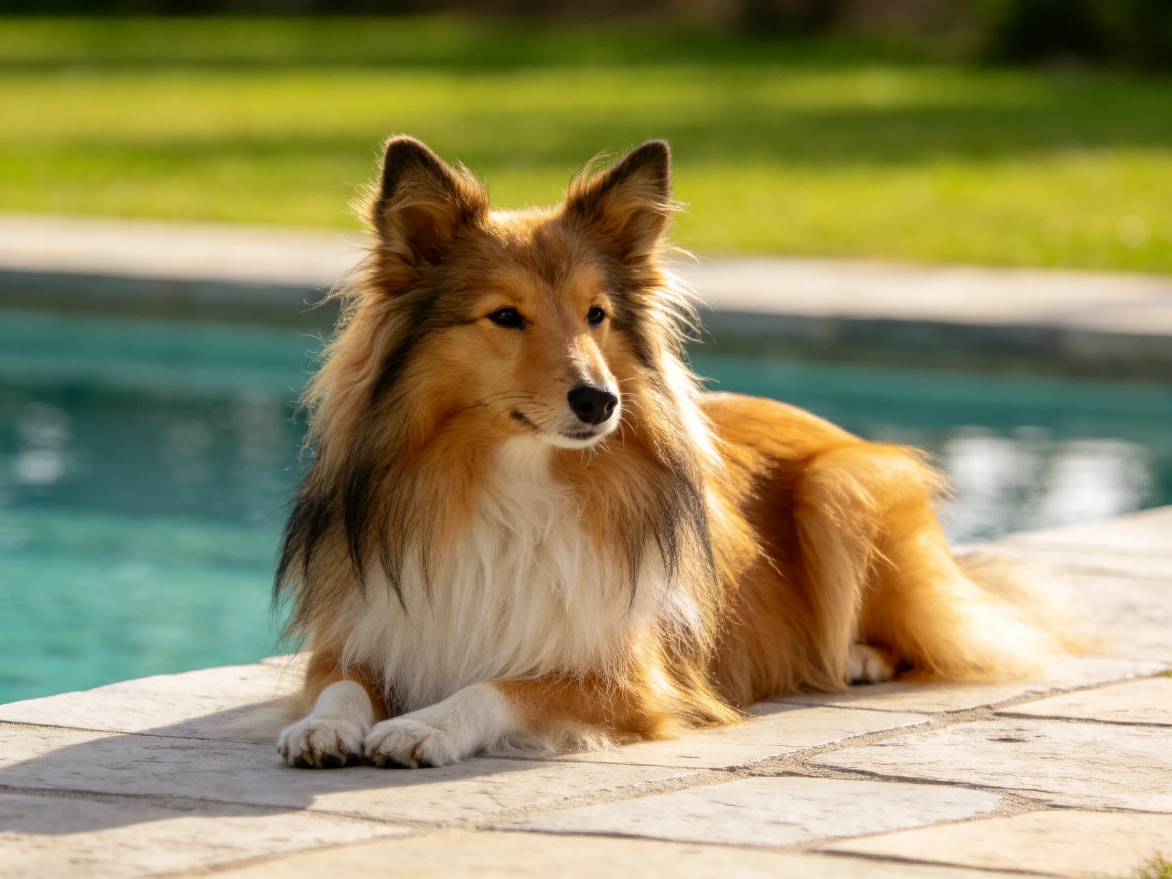 A golden Sheltie relaxes near a swimming pool.