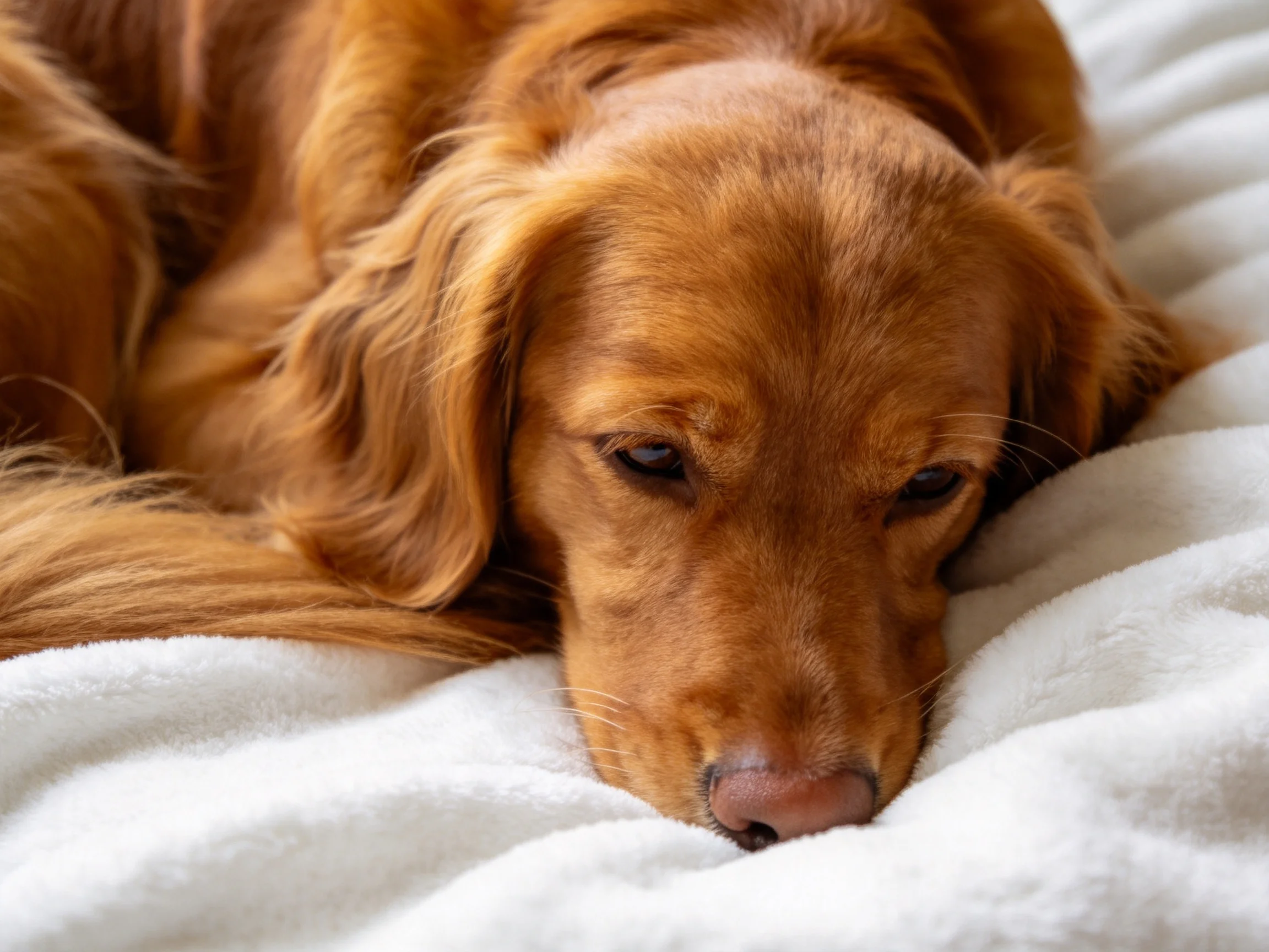 A golden-coated dog lies on a soft white blanket with long fur