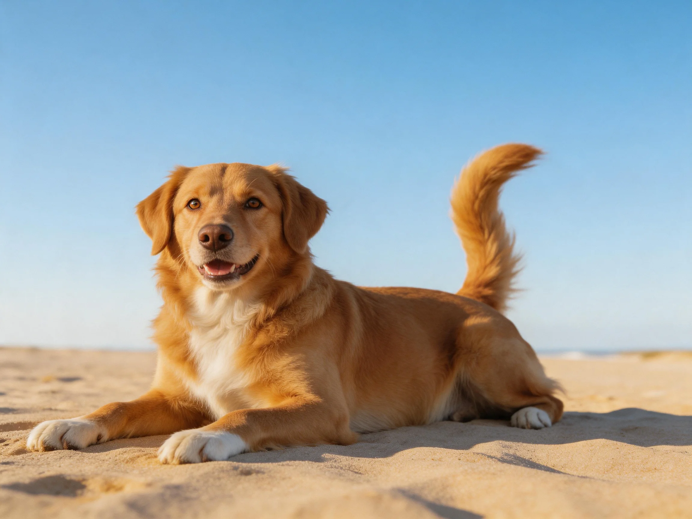 A golden-coated dog relaxes on sandy ground with a bright sky backdrop