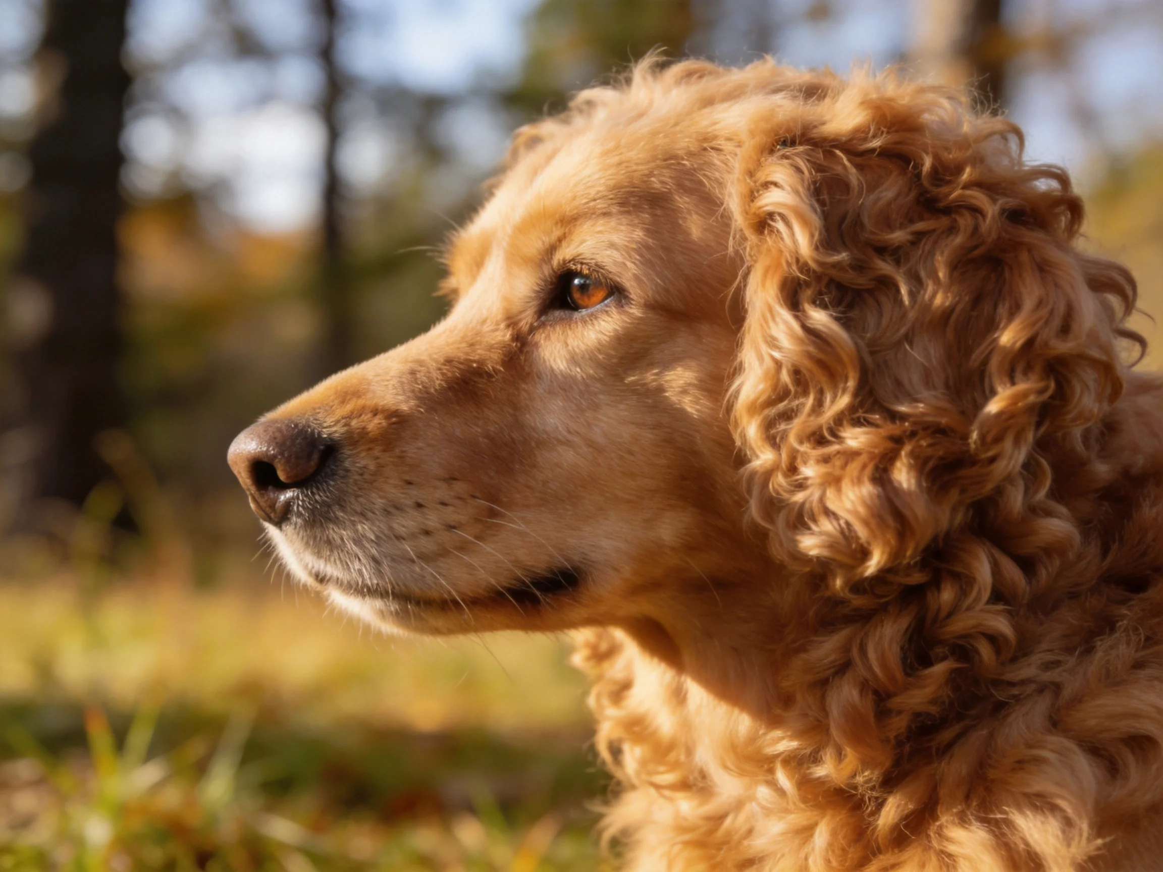 A golden-coated dog with curly fur in a sunny outdoor area