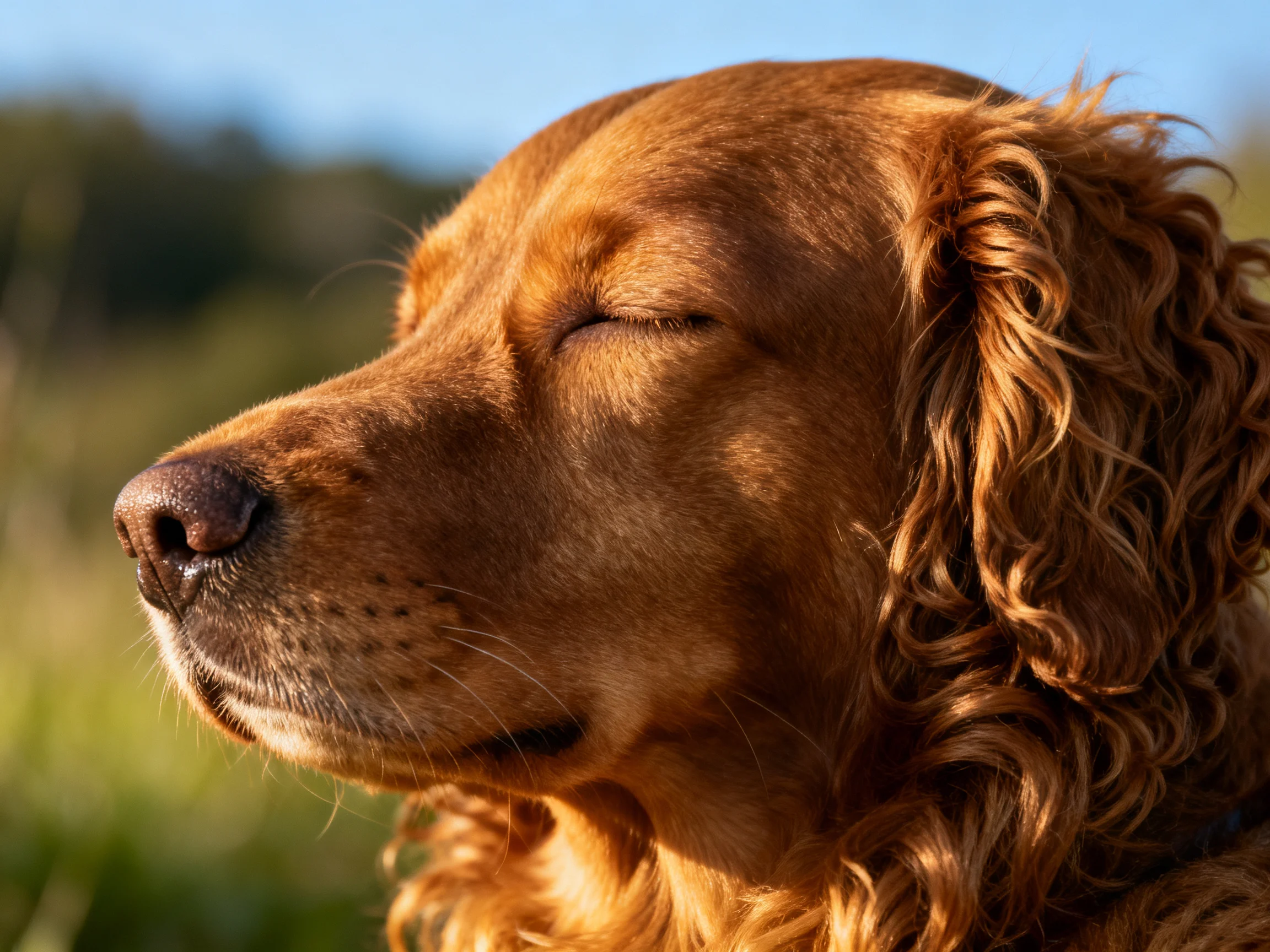 A golden-coated dog with curly fur relaxes in natural sunlight
