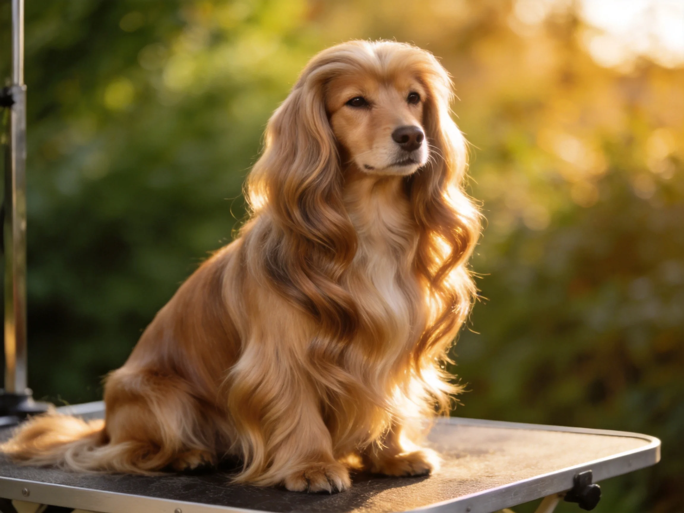 A golden-coated dog with long wavy fur sits on an elevated platform outdoors