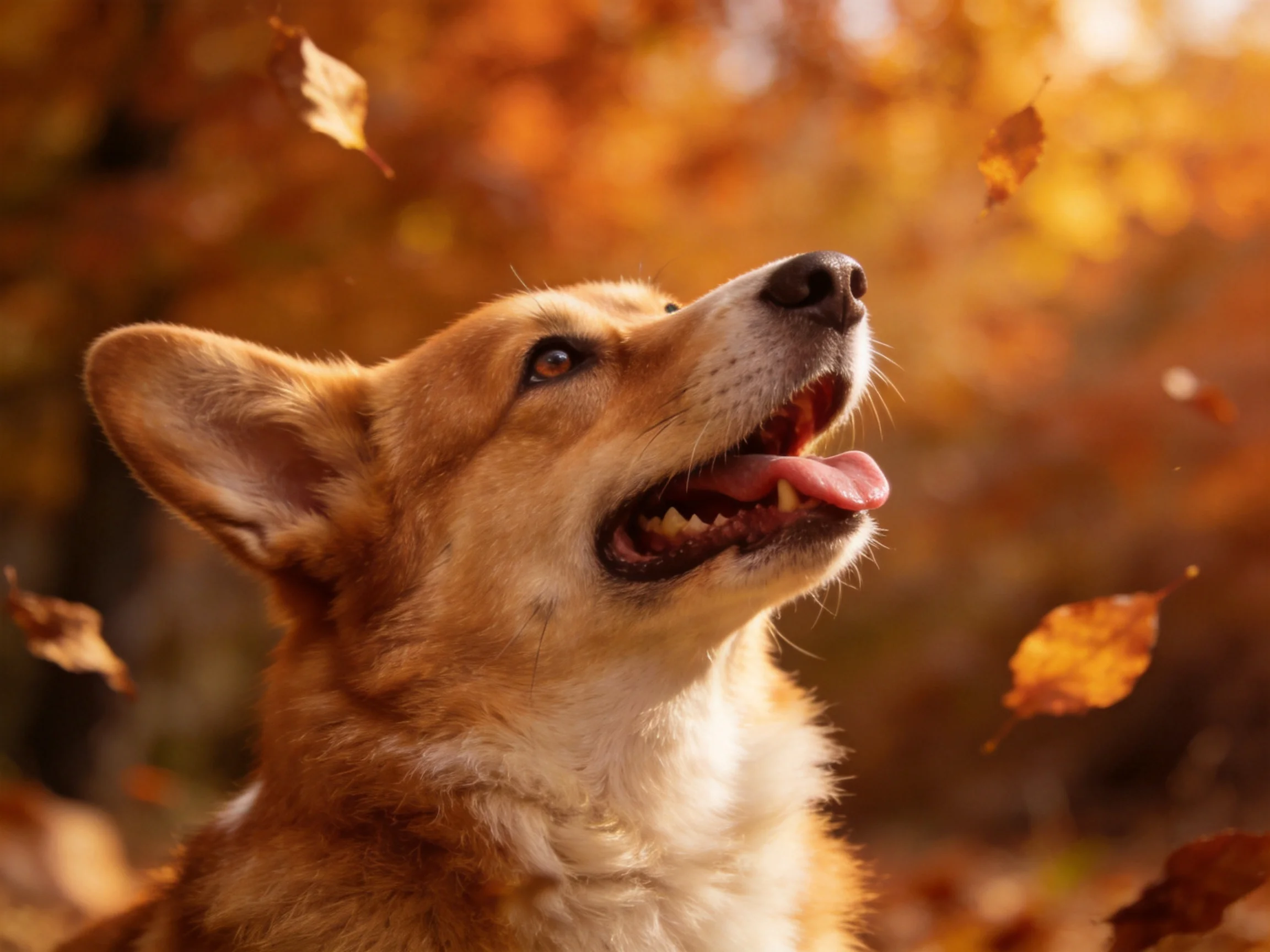 A golden corgi gazes upward amid falling autumn leaves