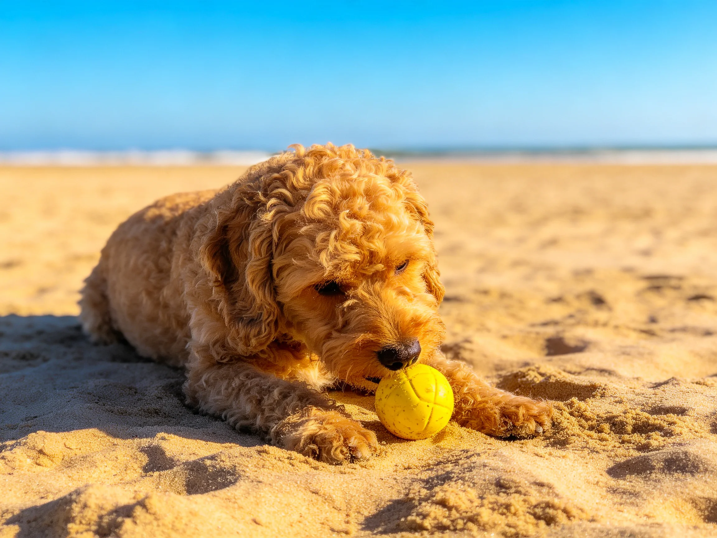 A golden curly-haired dog plays with a bright yellow ball on sandy shores