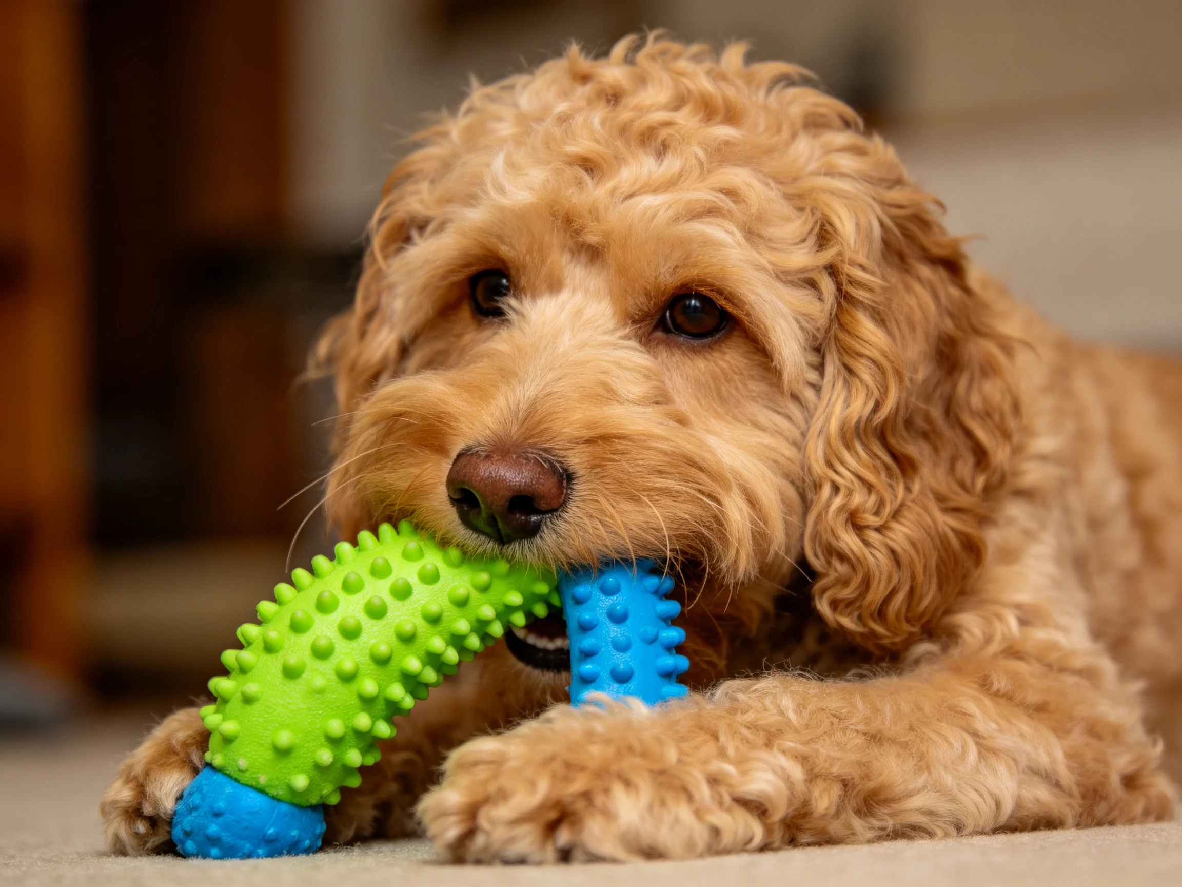 A golden curly-haired dog plays with green and blue rubber toys