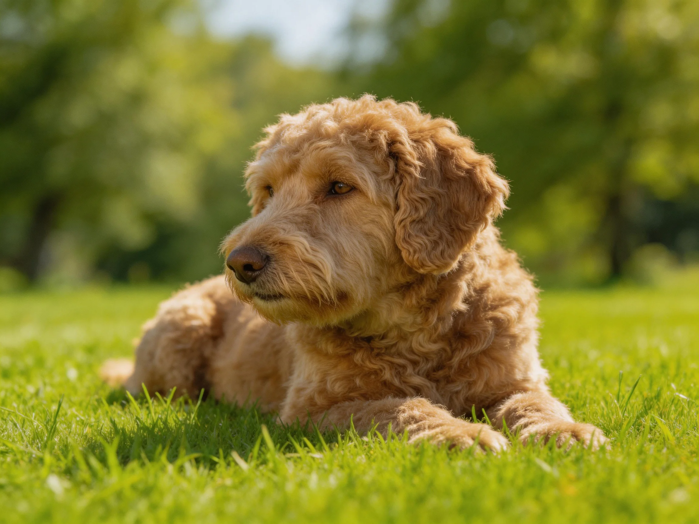 A golden curly-haired dog resting on lush green grass in bright daylight