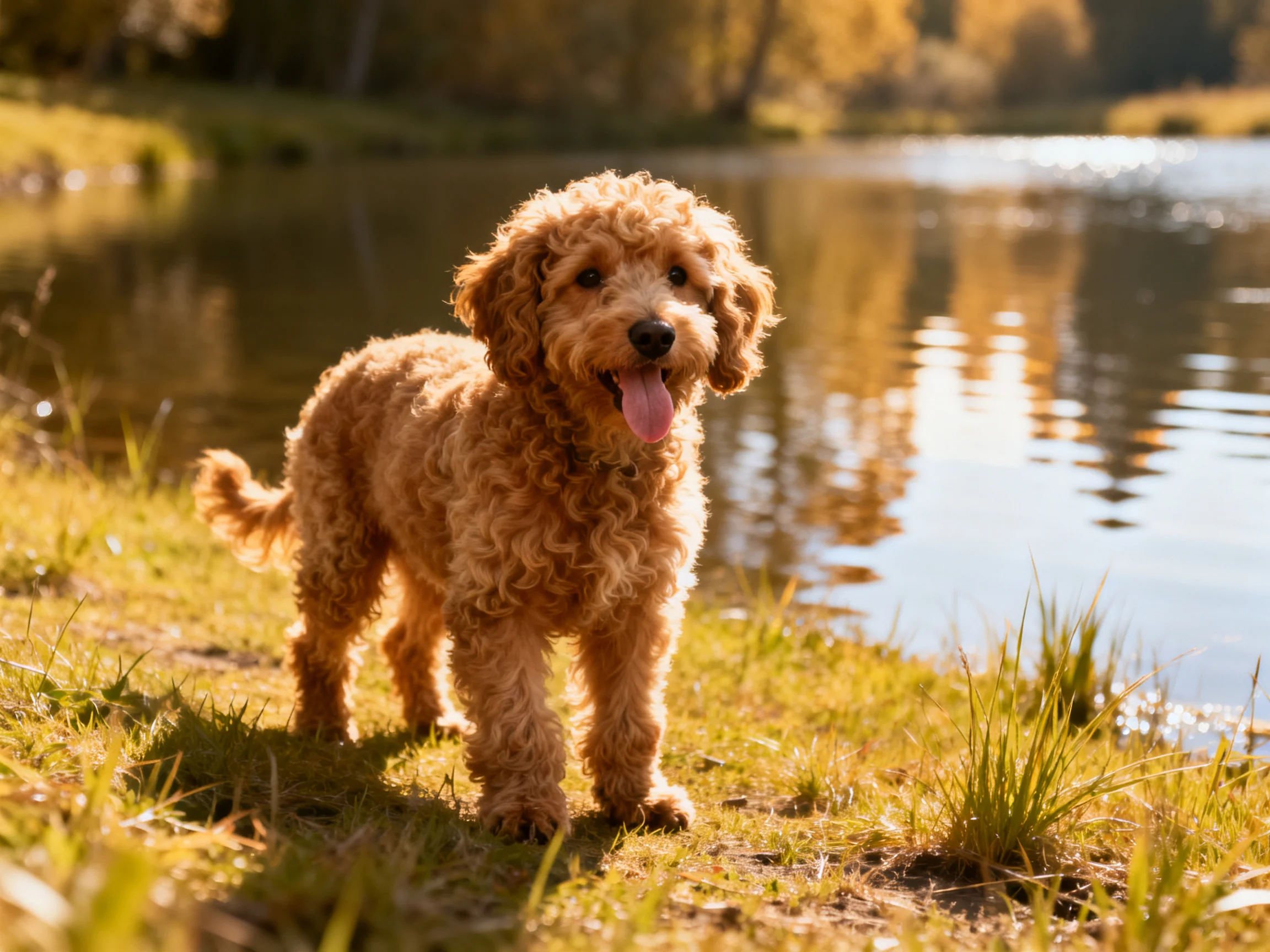 A golden curly-haired dog enjoys the sunshine near a calm river.