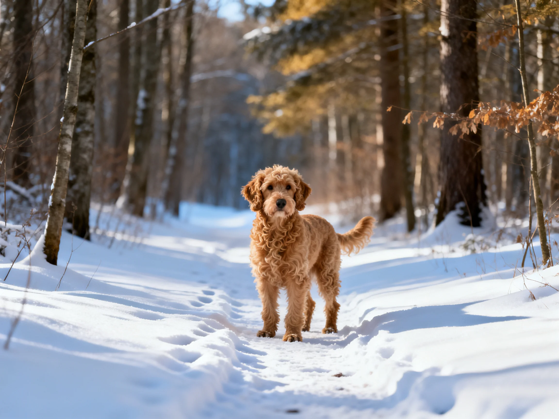 A golden curly-haired dog stands on a snow-covered forest path
