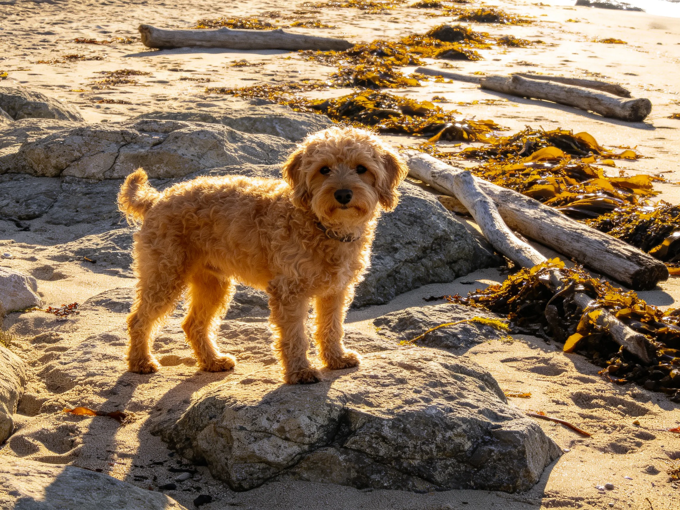 A golden curly-haired dog stands on rocky sand near seaweed and driftwood