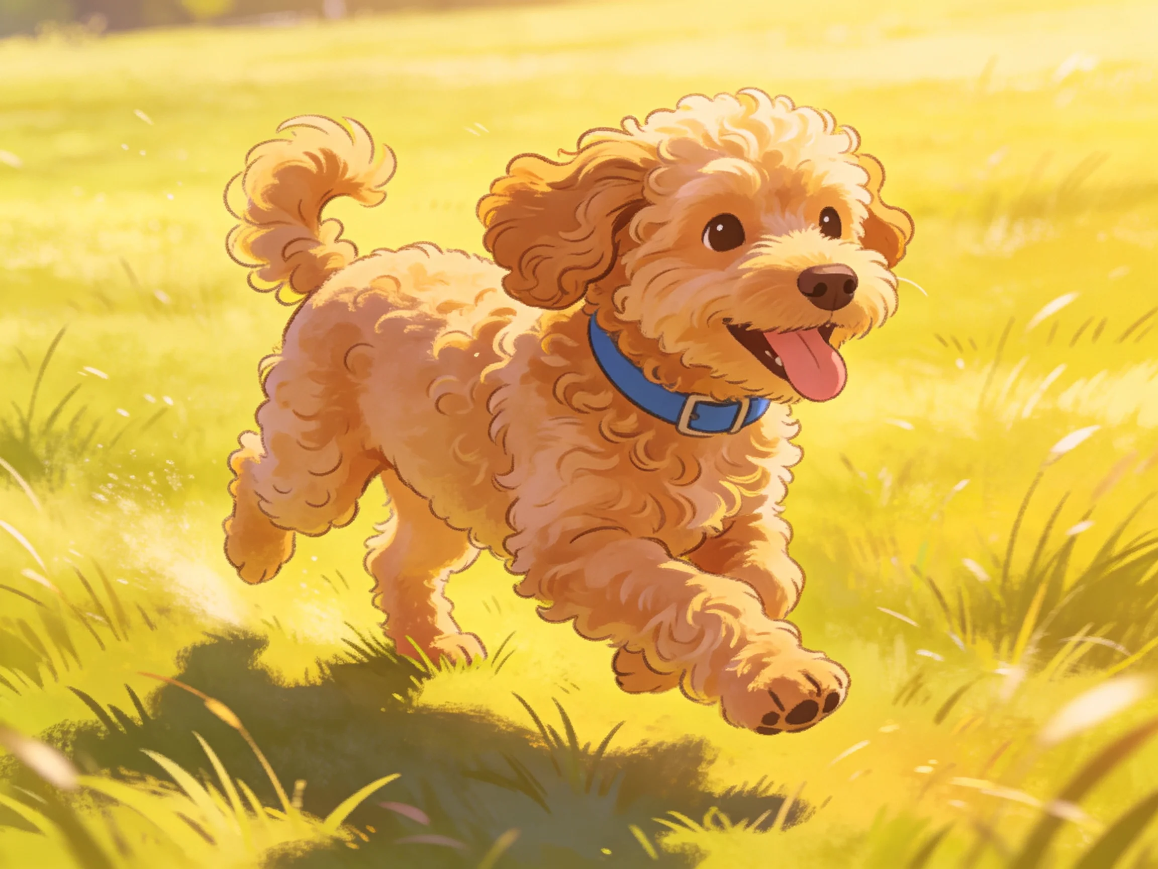 A golden curly-haired dog with a blue collar runs joyfully in a sunlit meadow