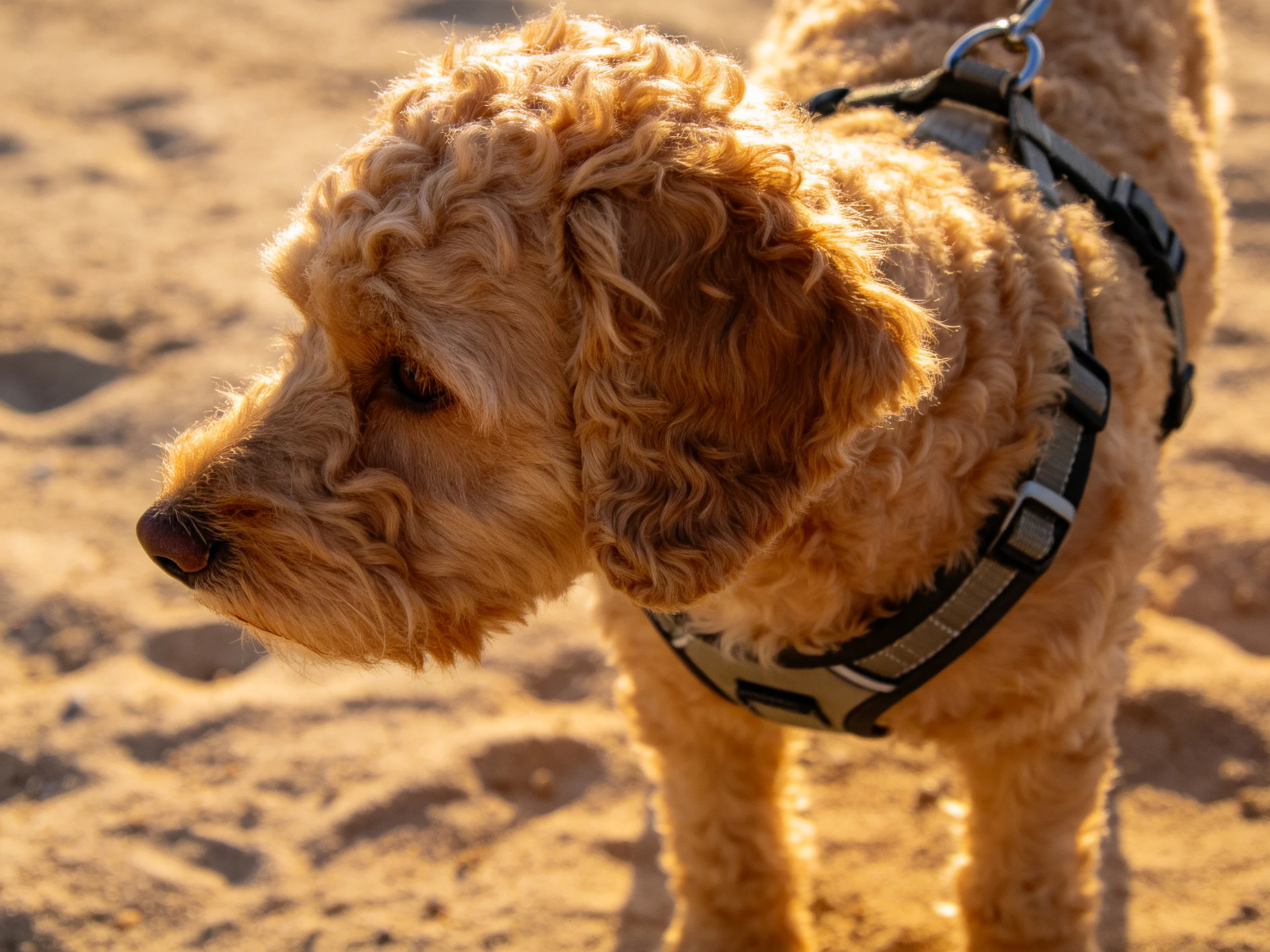 A golden curly-haired dog with a harness on sandy ground