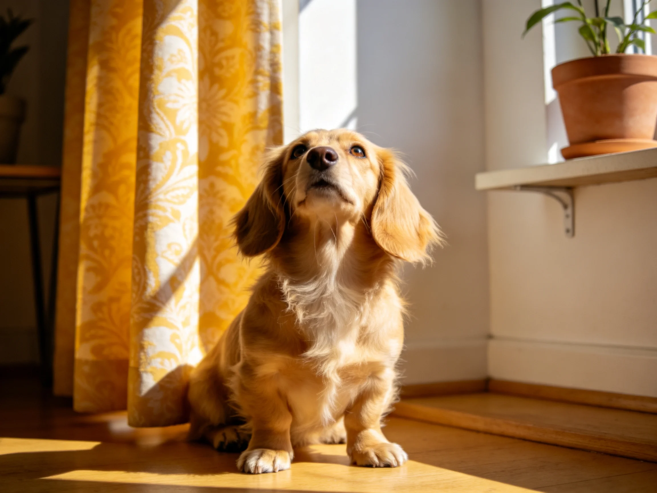 A golden dachshund sits near yellow patterned curtains by bright windows