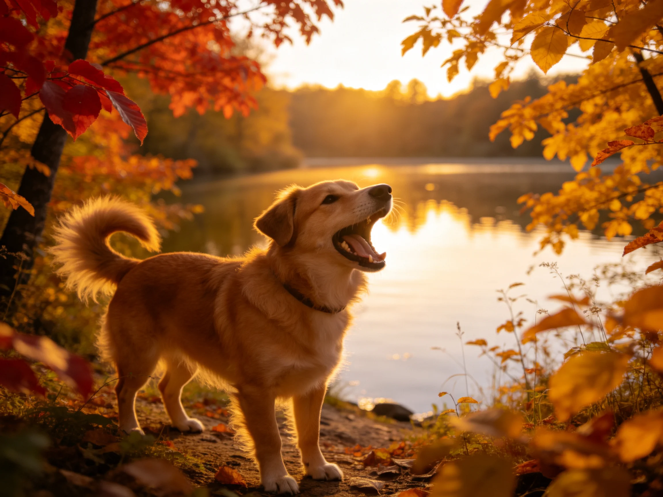 A golden dog barks by a serene lakeside with autumn foliage