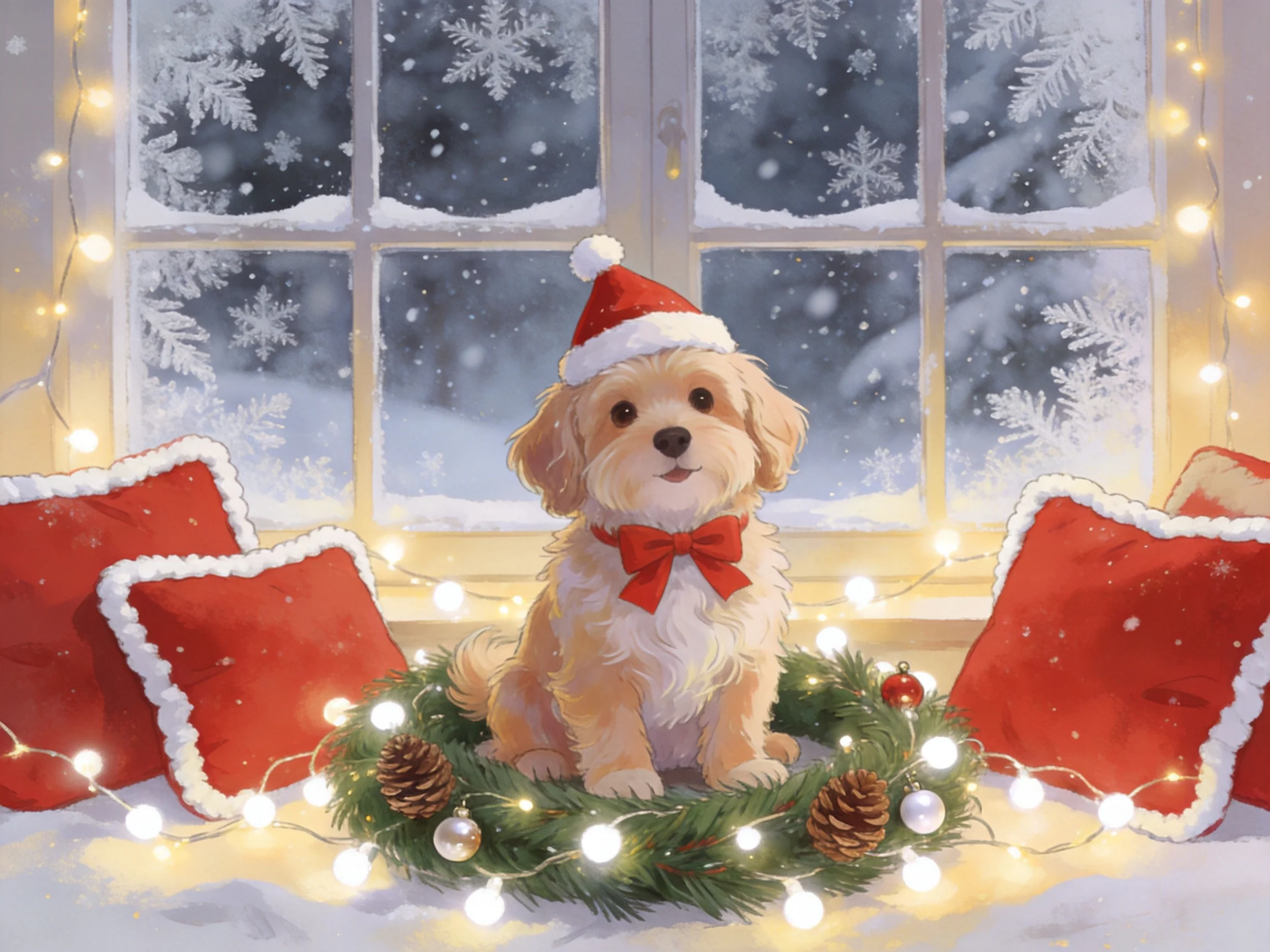 A golden dog in a Santa hat sits on a Christmas wreath by a snowy window