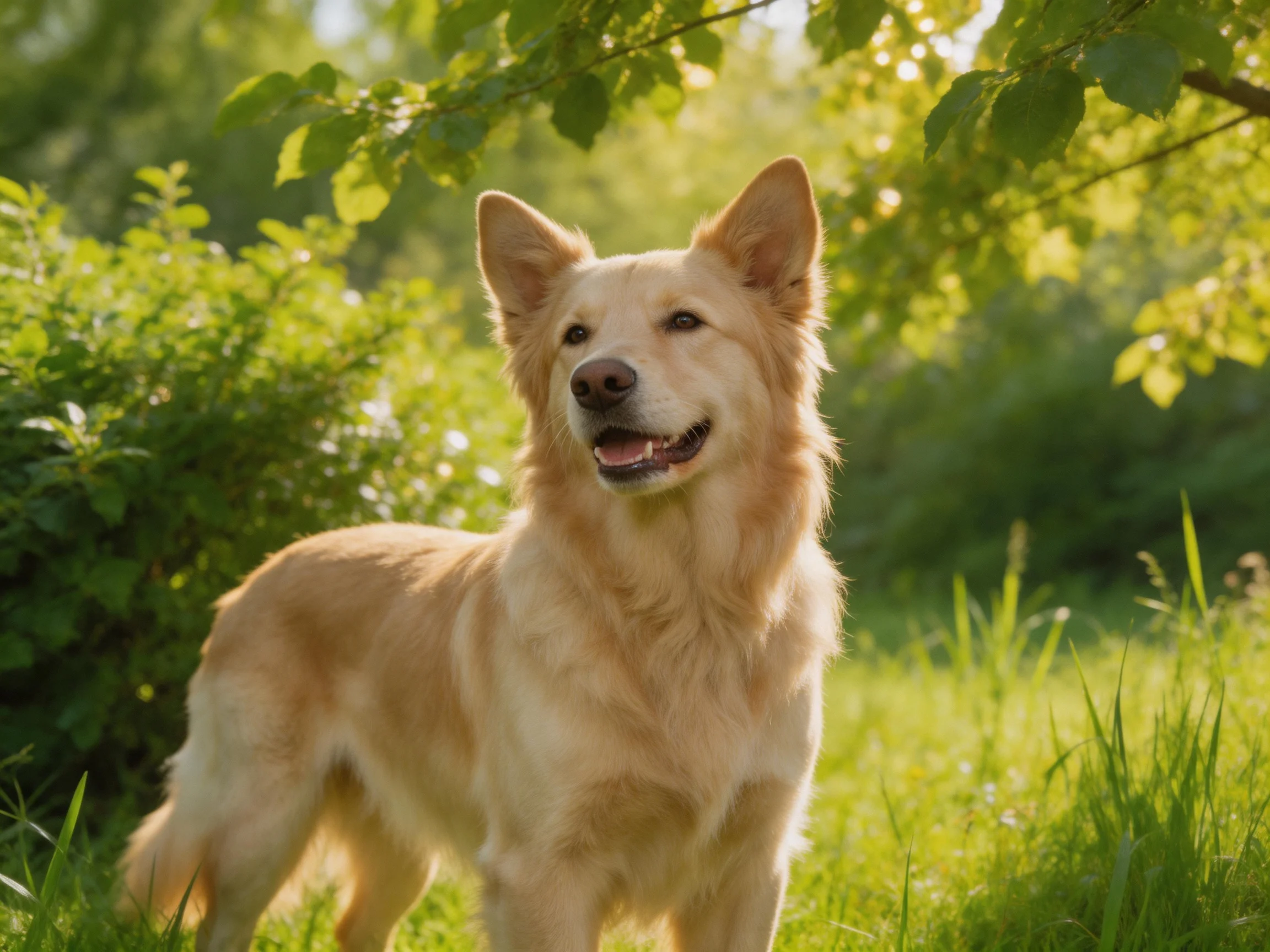 A golden dog in a sunlit, verdant natural setting