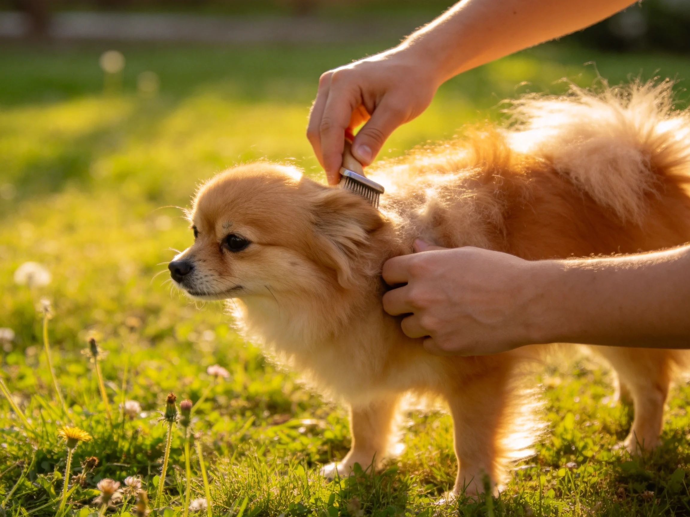 A golden dog is groomed in a sunlit grassy meadow