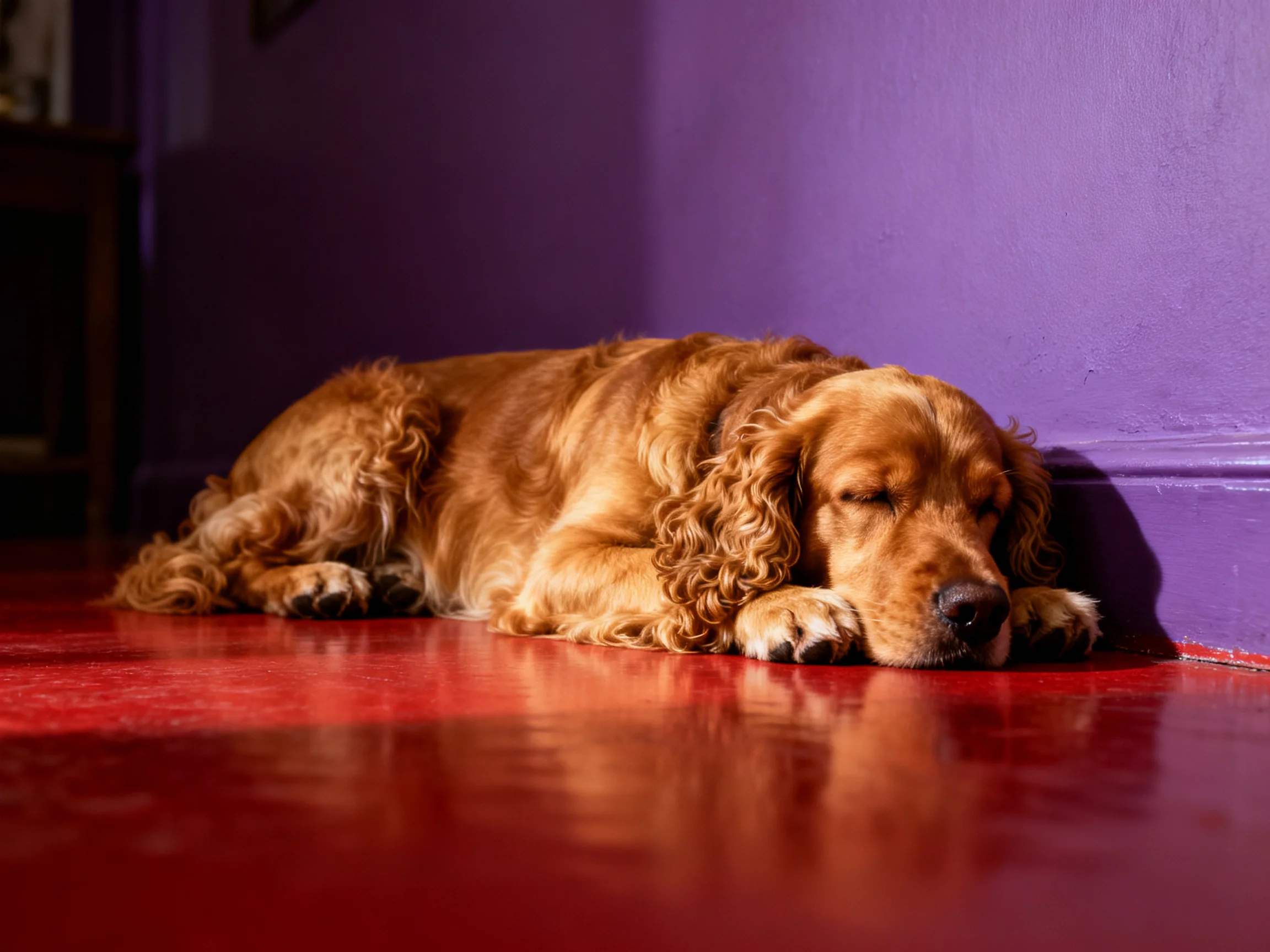 A golden dog rests against a purple wall on a glossy red floor