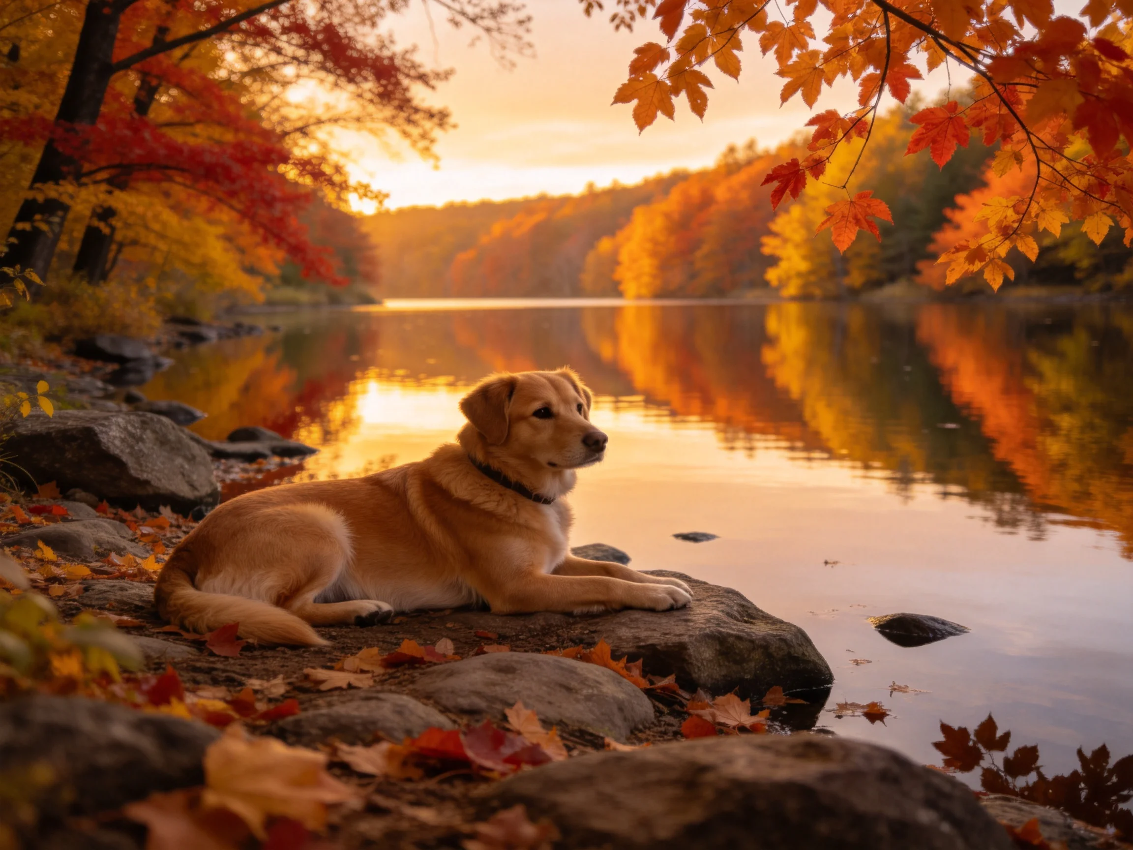 A golden dog rests by a calm lake amid vibrant fall foliage