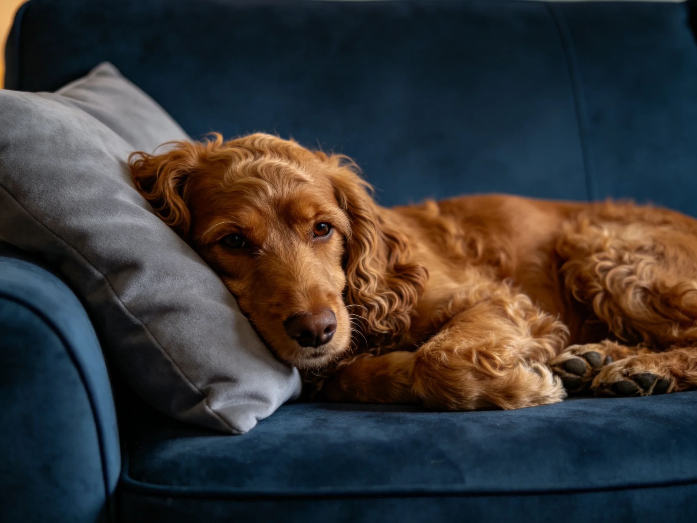 A golden dog rests on a dark blue sofa with a gray cushion