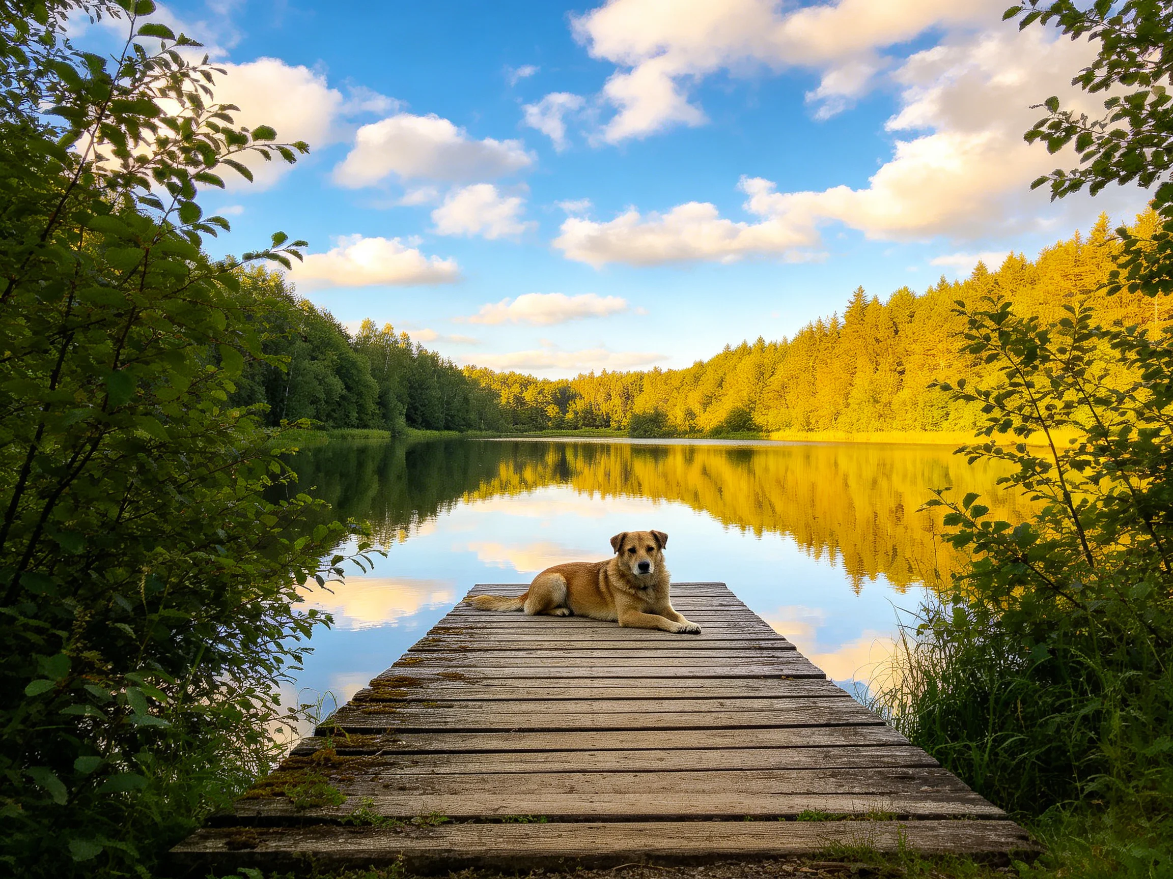 A dog relaxes on a dock by a calm lake with forest reflections
