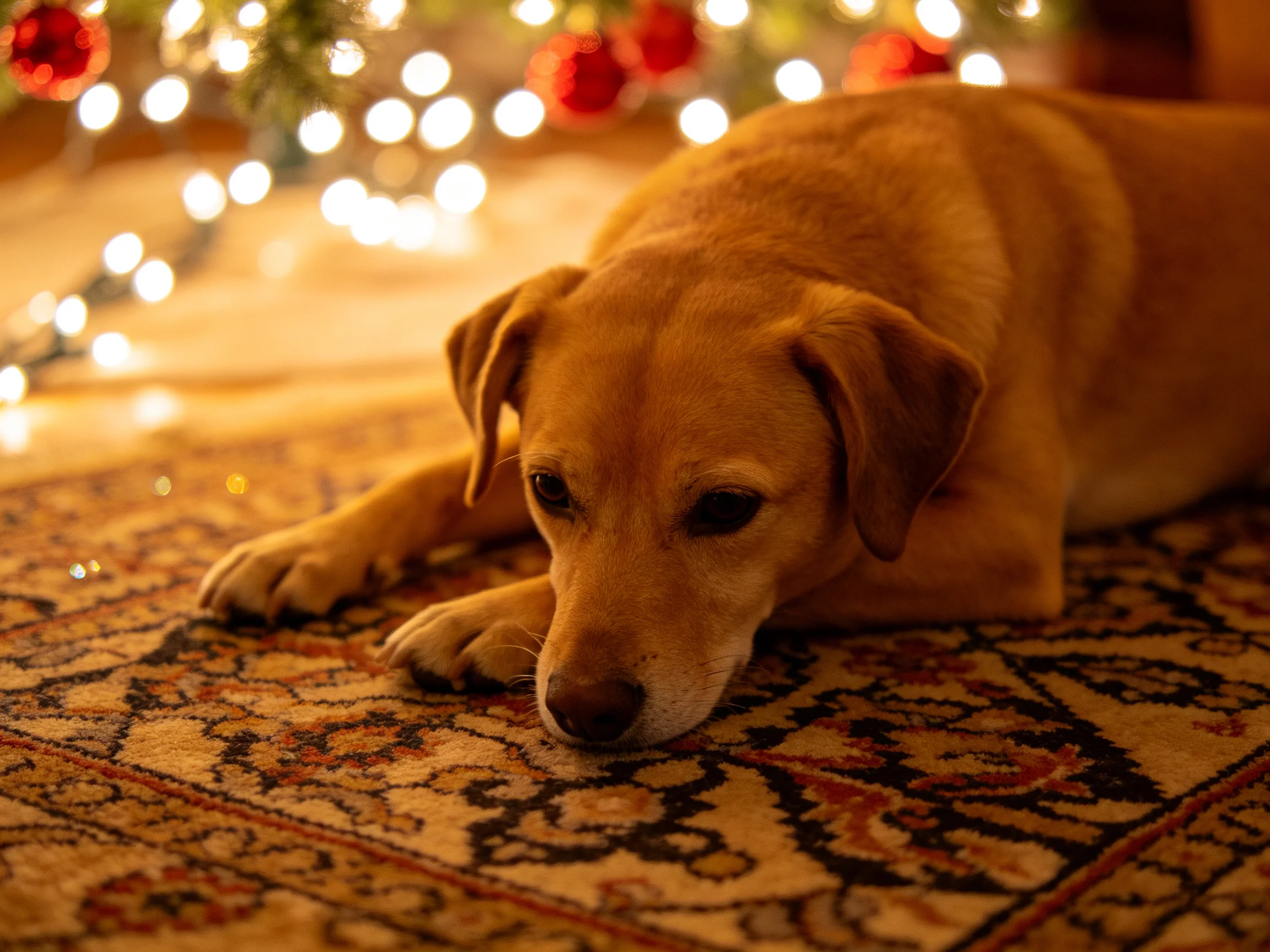 A golden dog relaxes on a decorated rug near festive lights.