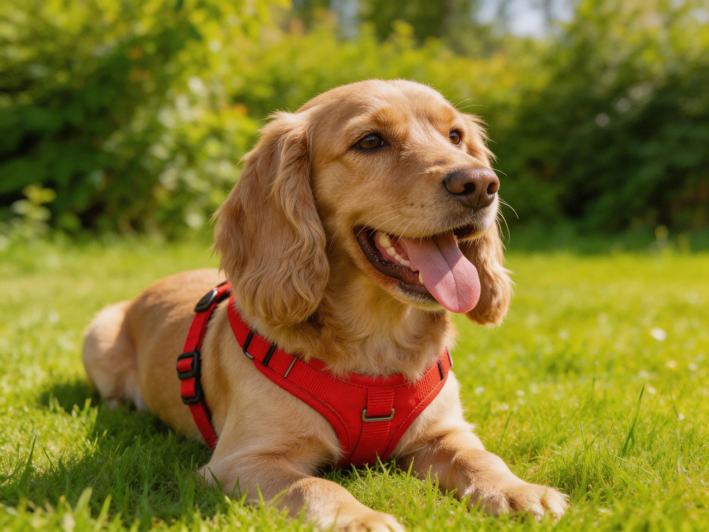 A golden dog relaxes on green grass in a red harness.