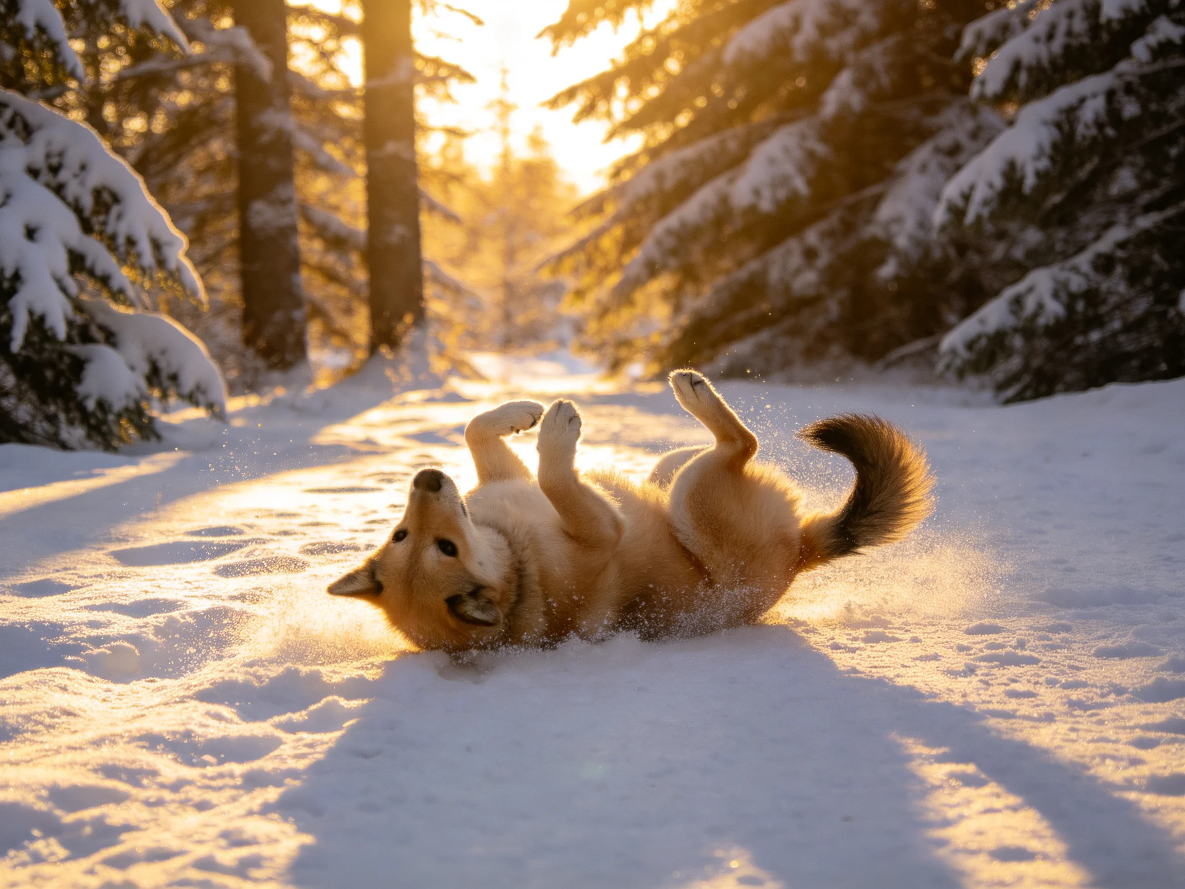 A golden dog rolls joyfully in a sunlit snowy forest path