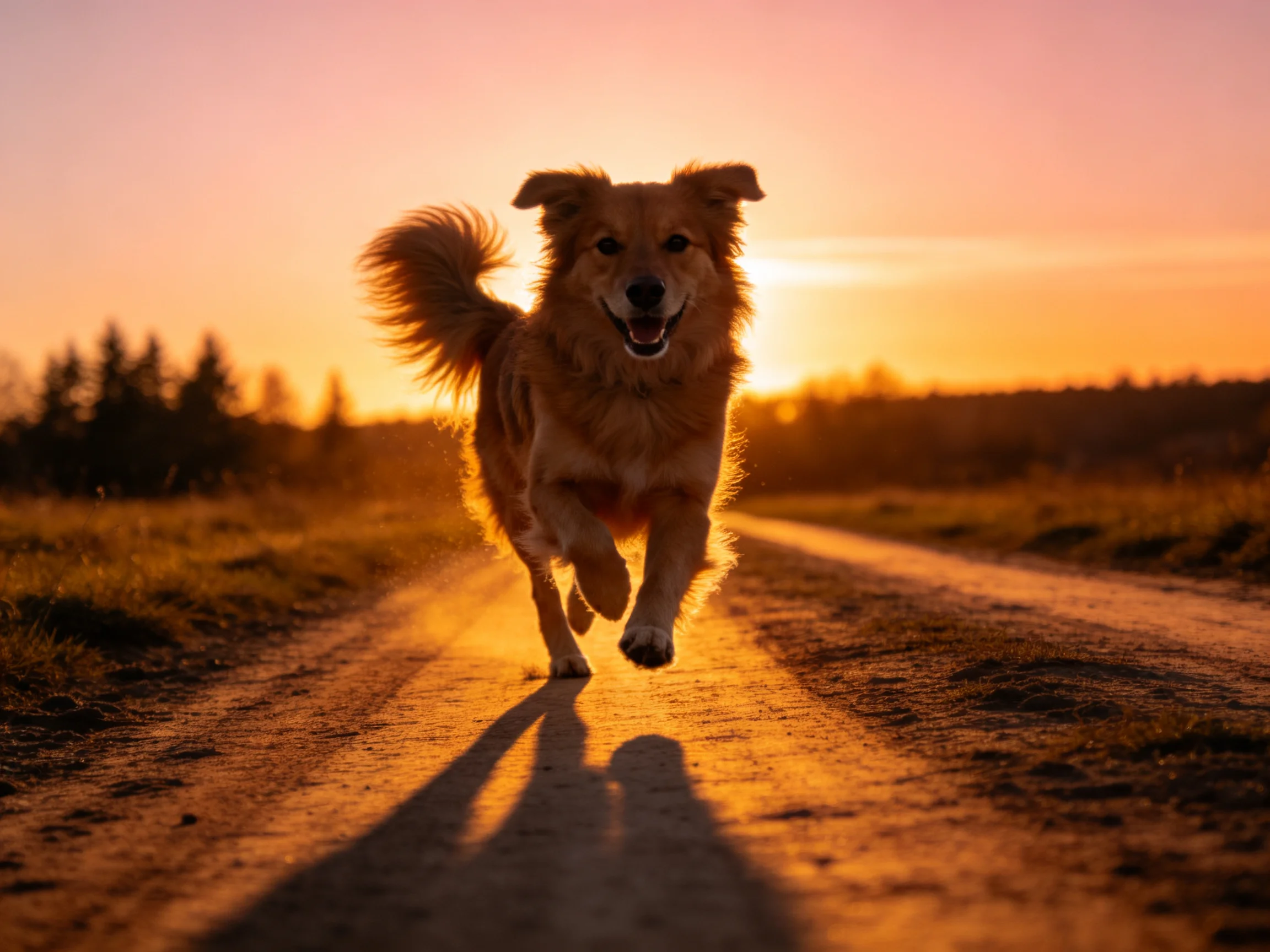A golden dog runs joyfully along a sun-kissed dirt road at sunset