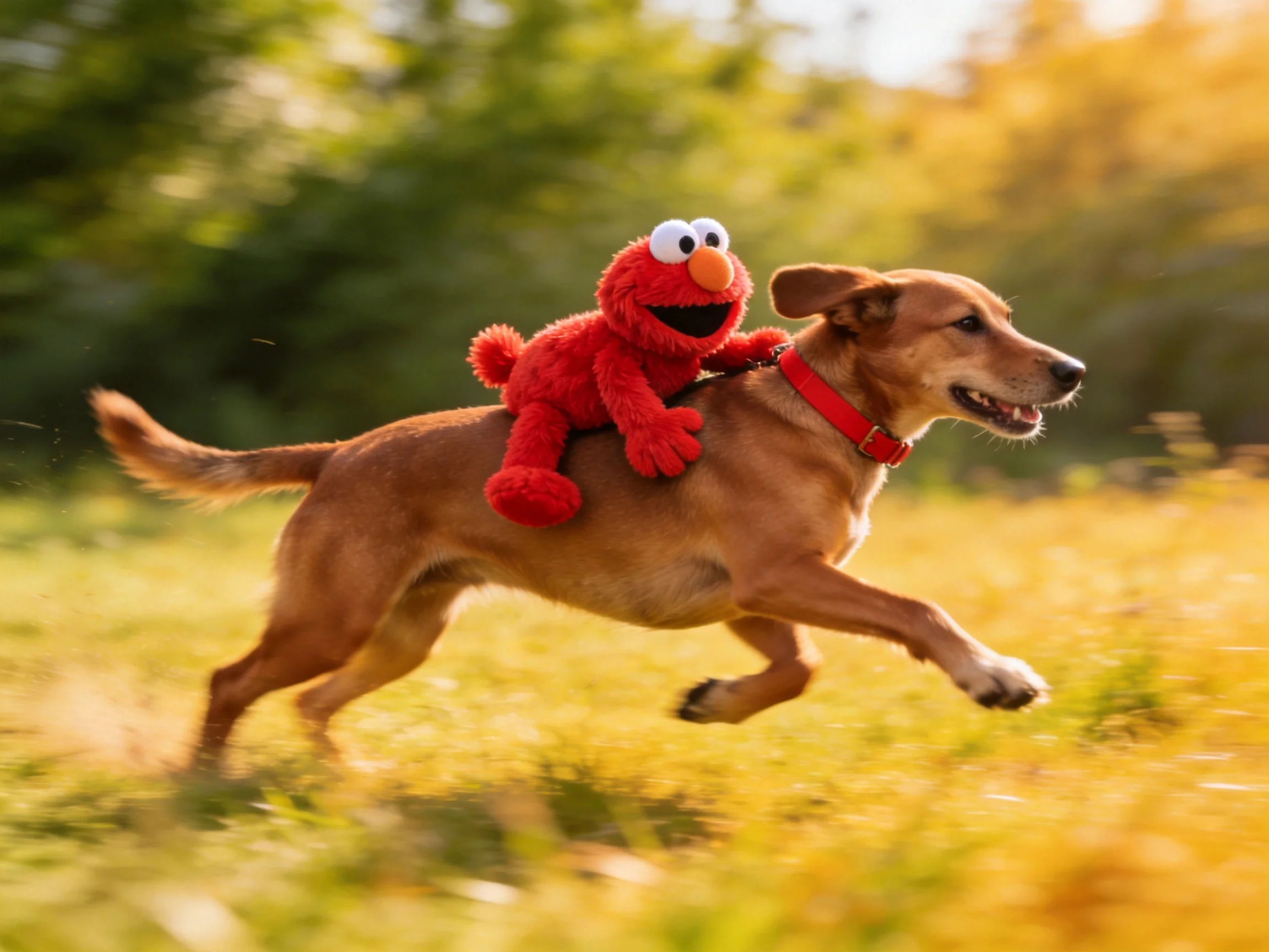 A golden dog runs through a sunlit meadow with a bright red Elmo plush