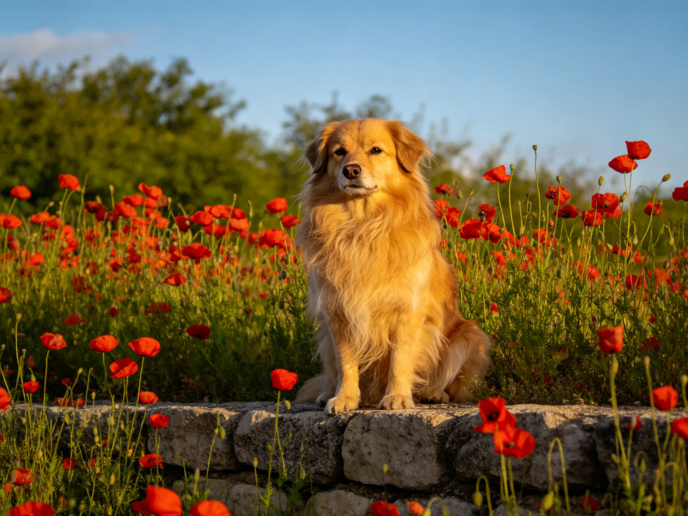 A golden dog sits among red poppies next to a stone wall in a sunny landscape.