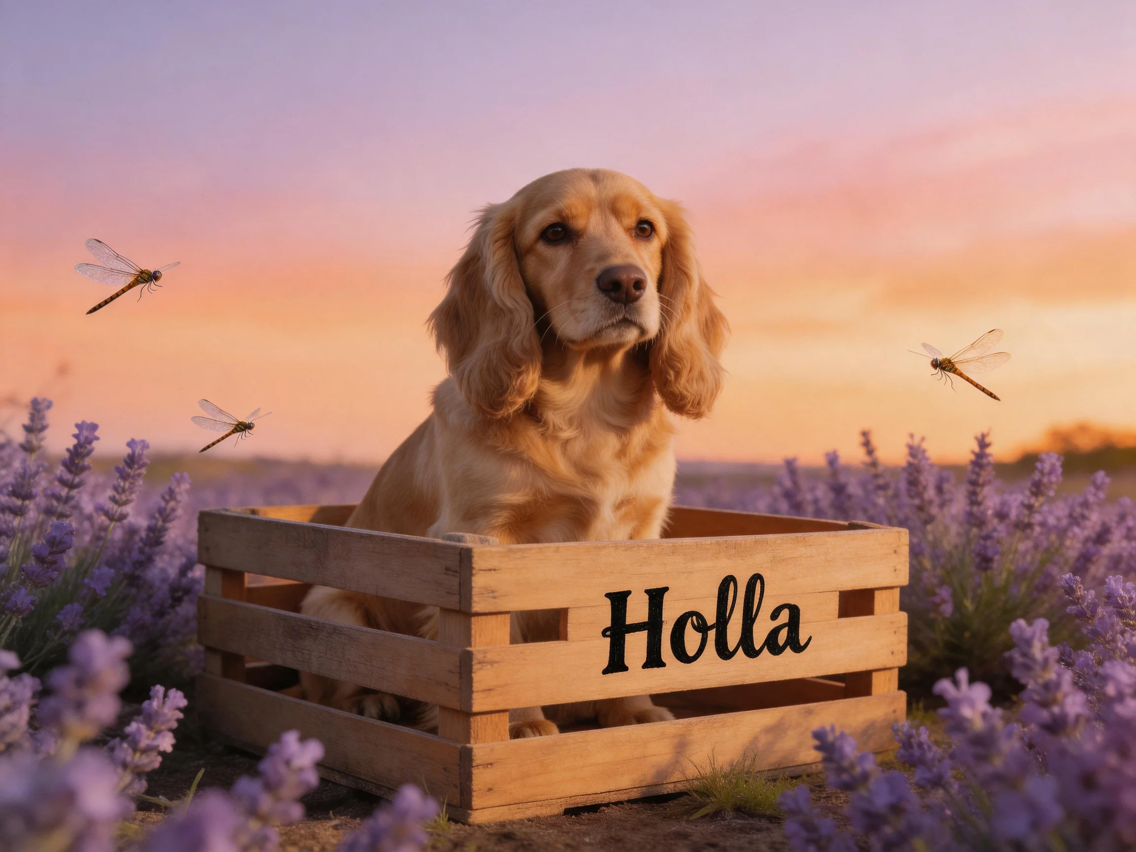A golden dog sits in a wooden crate in a lavender field at sunset