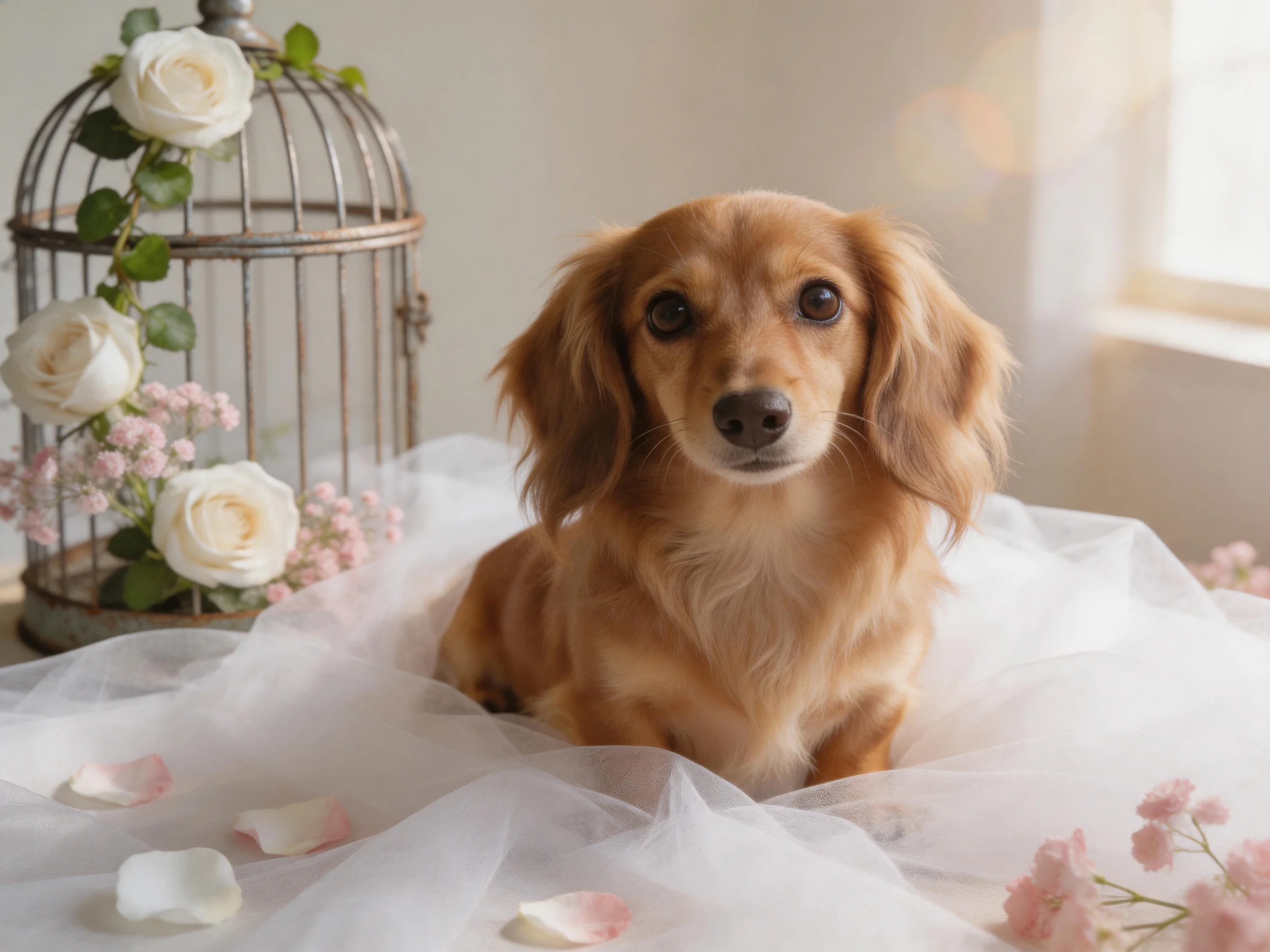 A golden dog sits among white roses, tulle, and a birdcage in a softly lit room.
