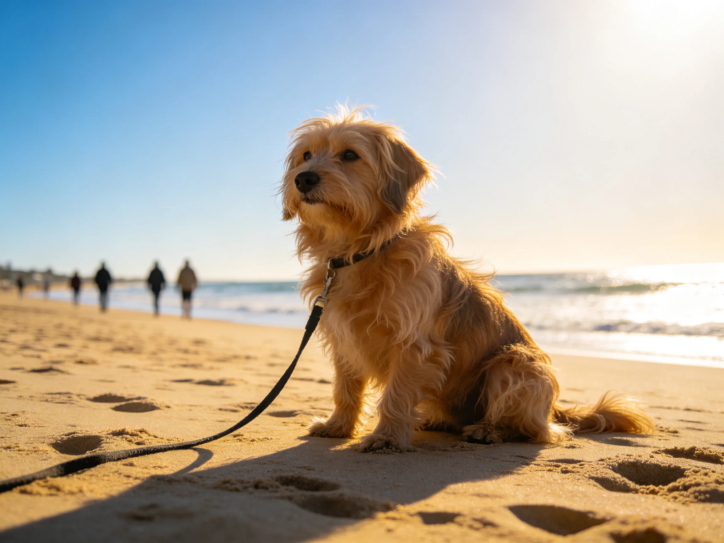 A golden dog sits on a sandy beach by the ocean