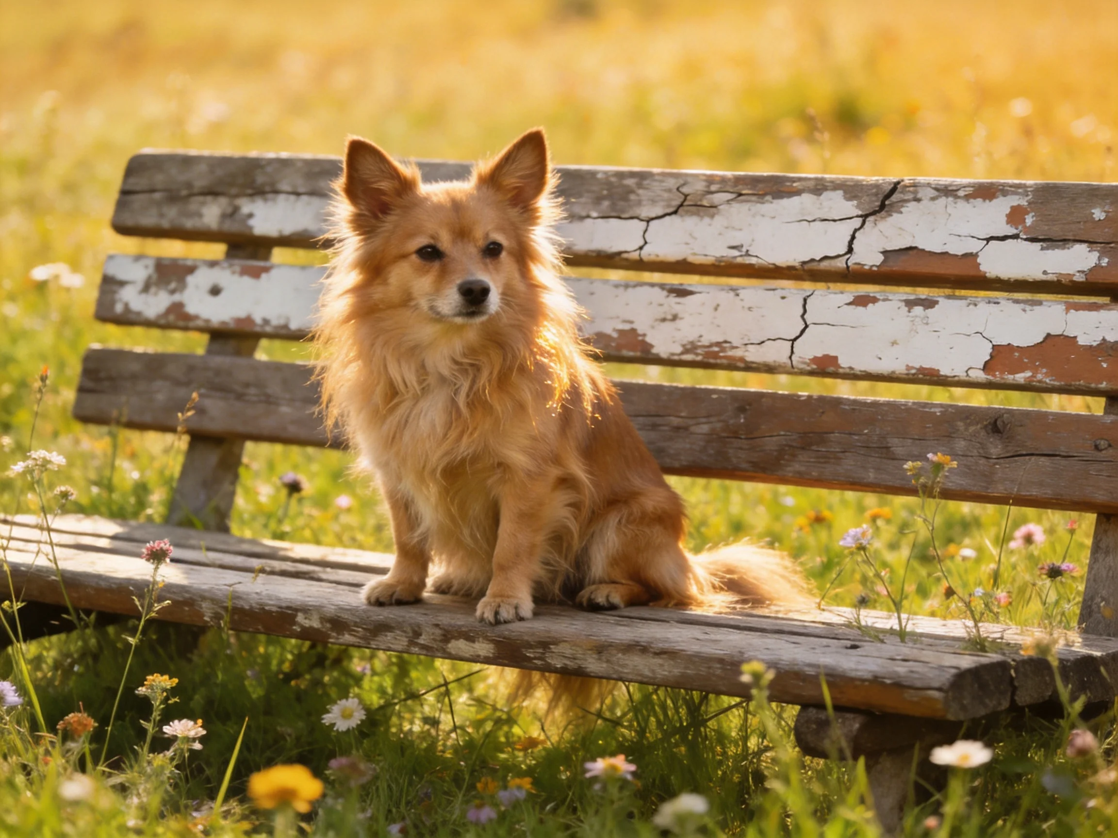 A golden dog sits on a weathered wooden bench in a sunlit meadow