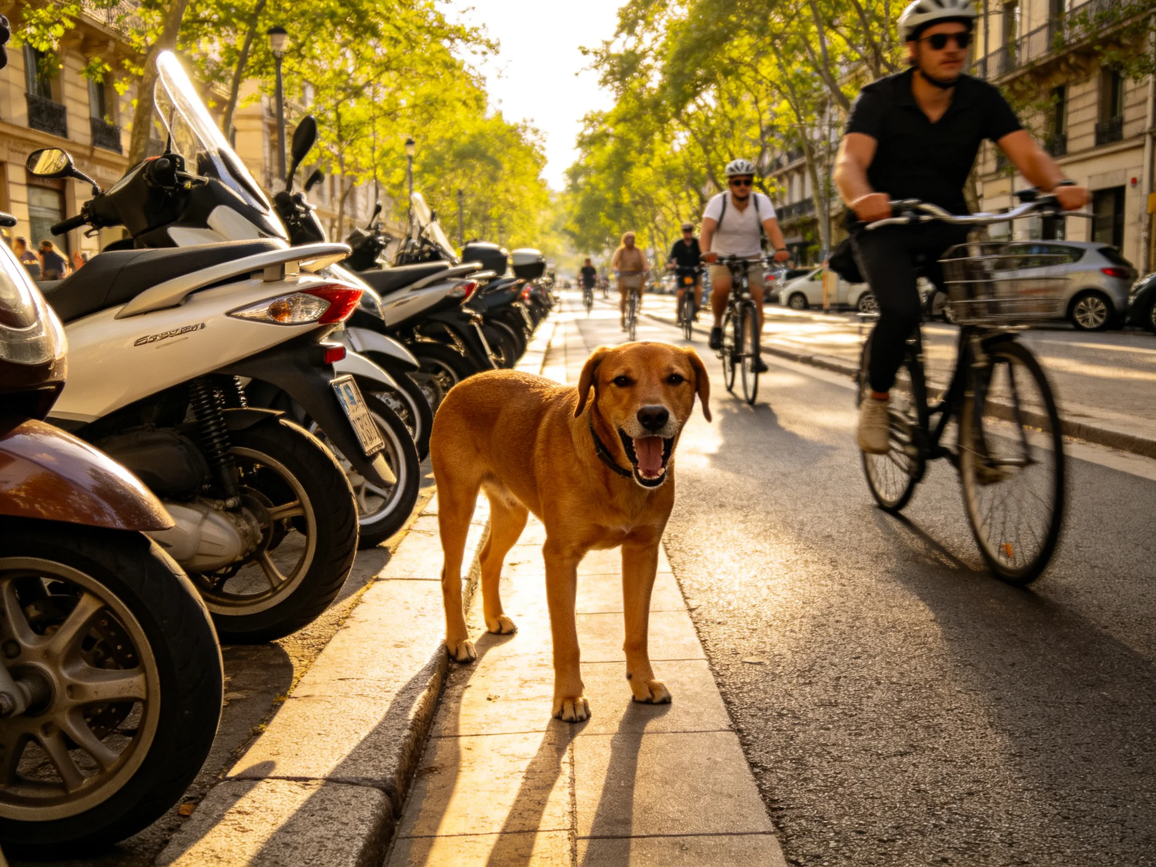 A golden dog stands near parked motorcycles as cyclists pass by