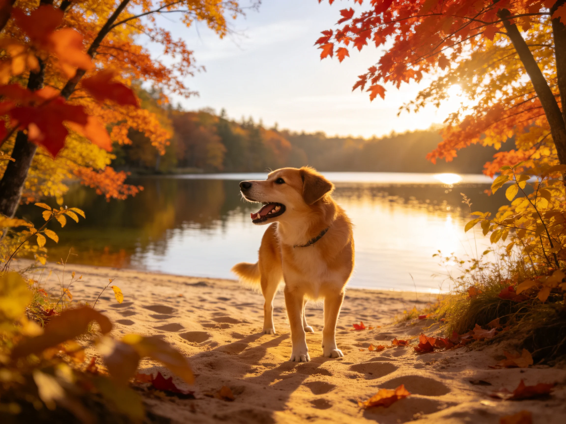A golden dog stands on a sandy shore amid vibrant fall foliage near a calm lake