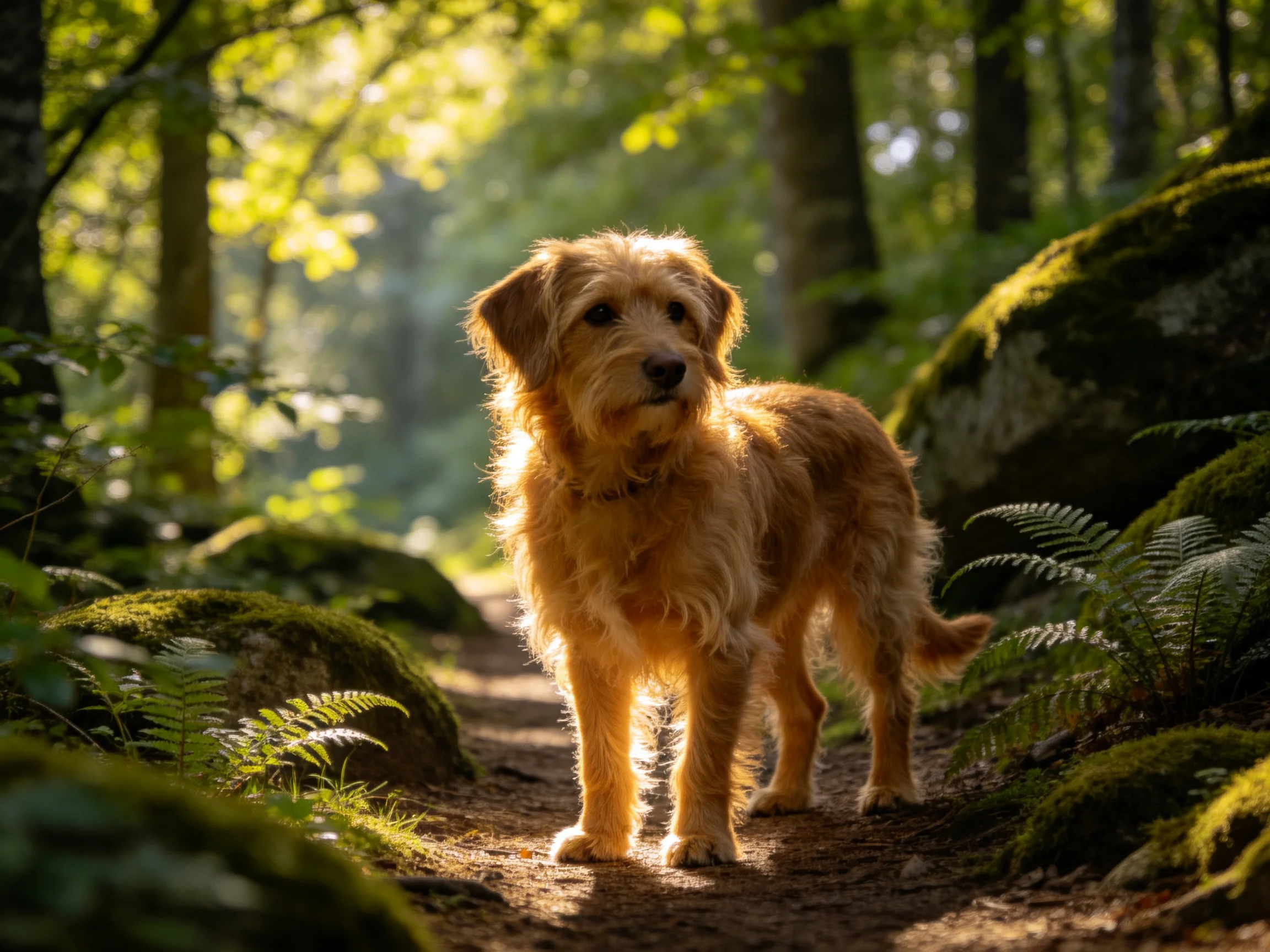 A golden dog is positionedon a sunlit forest path surrounded by lush greenery.