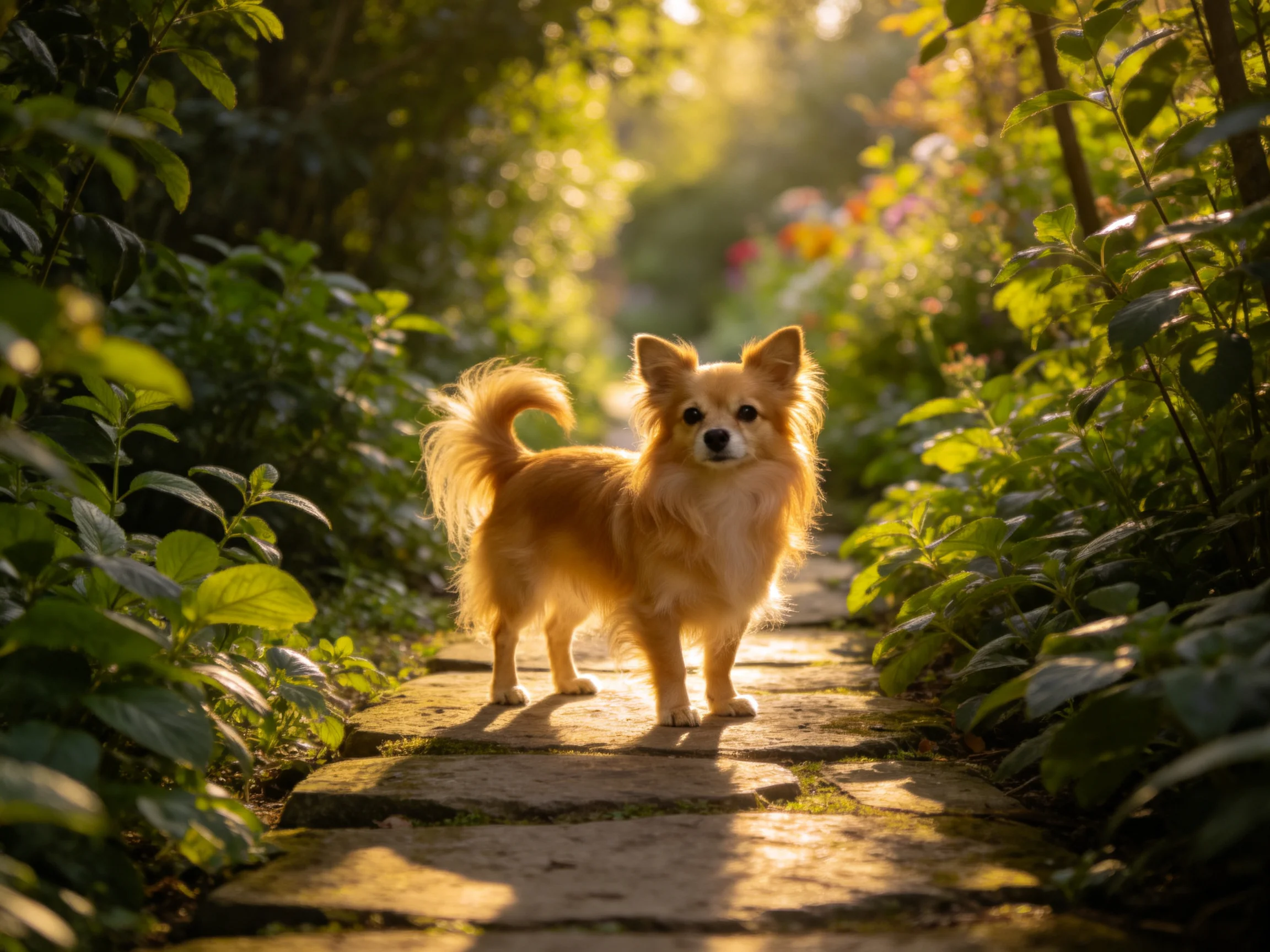 A golden dog stands on a sunlit stone path in a lush garden.