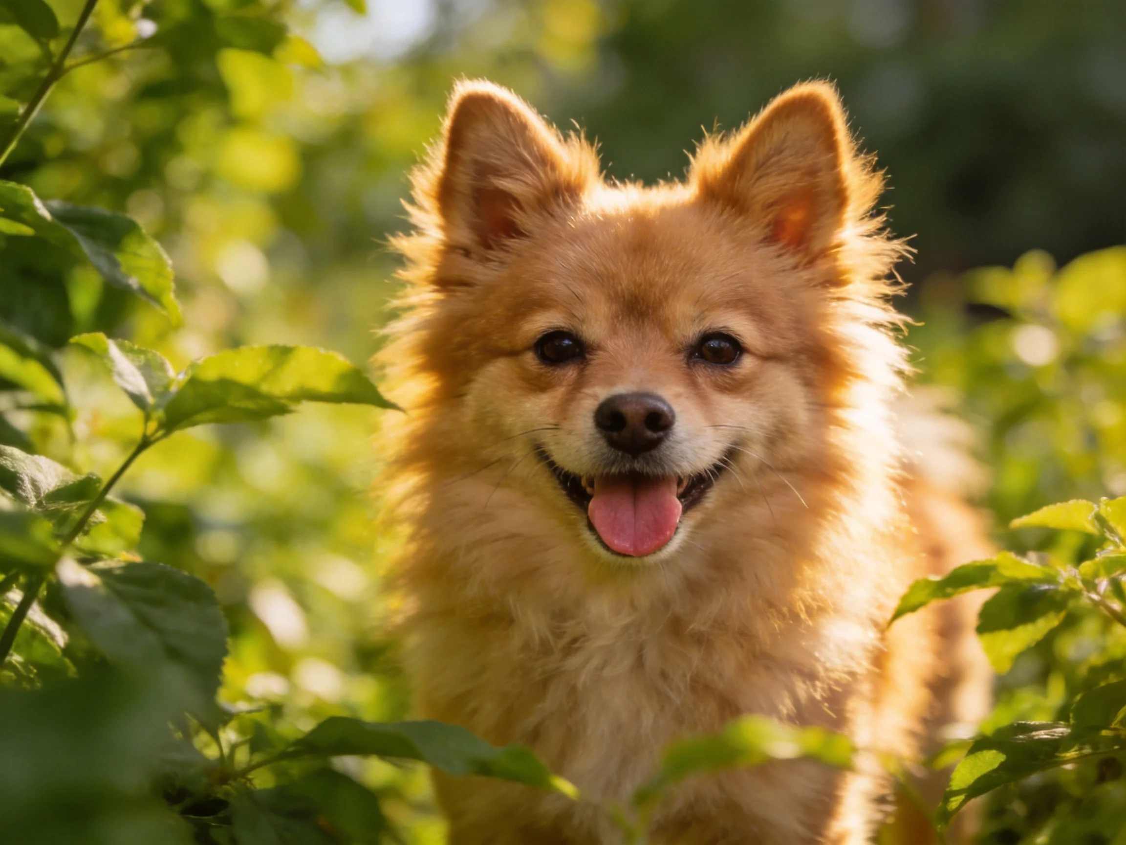A golden-furred Pomeranian dog amid lush green foliage